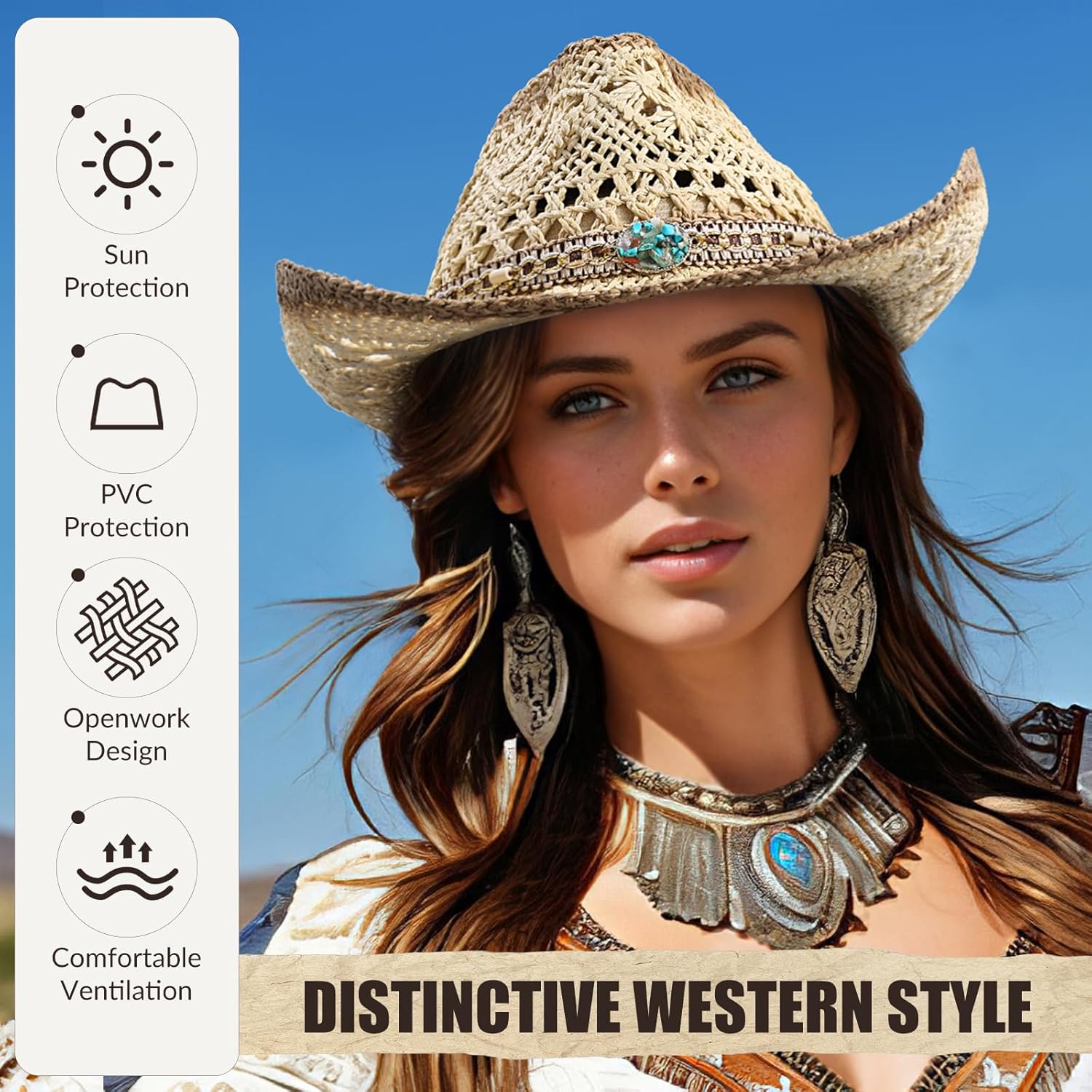 Straw Cowboy Hat for Women and Men, Western Cowgirl Hat Wide Brim Classic Sun Hats Outdoor Beach Hat Hats - Image 2