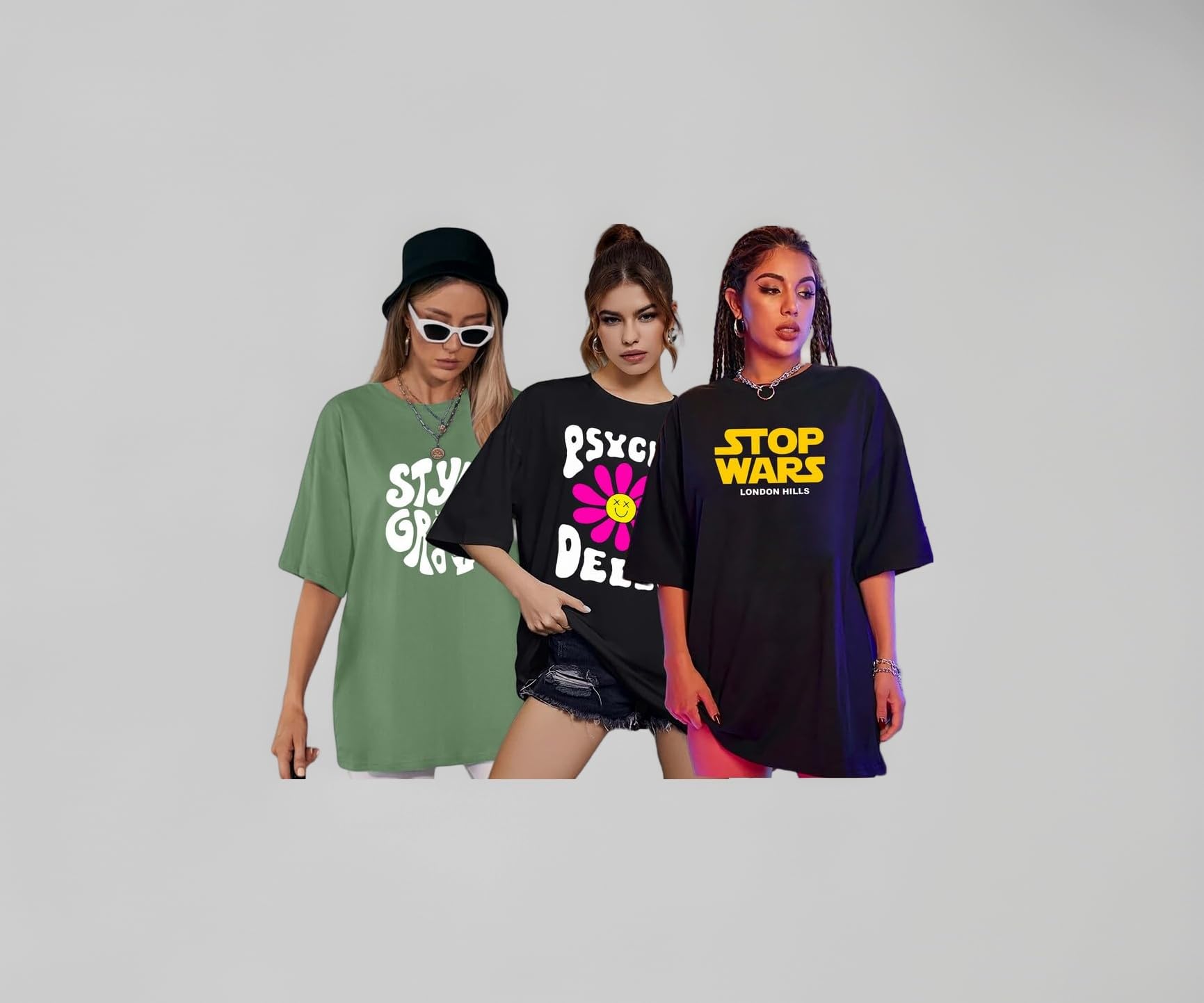 London Hills Women's Cotton Oversized Fit Printed Round Neck Oversized T-Shirt | Loose Fit Drop Shoulder T-Shirt Pack of 3