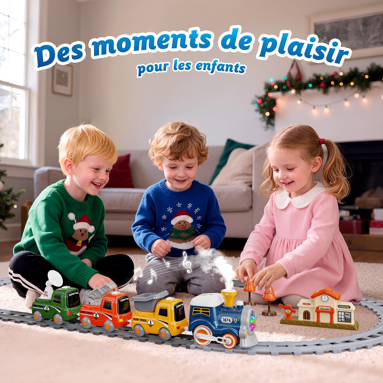 Hot Bee Train Electrique Enfant 3 4 5 6, Petit Circuit Train Vapeur Electrique 3+ Ans, 3 Véhicules D'ingénierie à Fixation Magnétique, avec Lumières et Effets Sonores, avec Piste Elliptique, Village