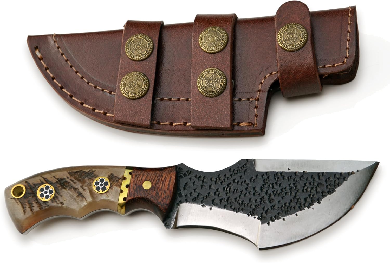 D2 Steel Hunting Knife, Hammered Damascus Pattern, Ram Horn Handle, Leather Sheath (D2 Steel (Hammered), 3.5 inch blade)