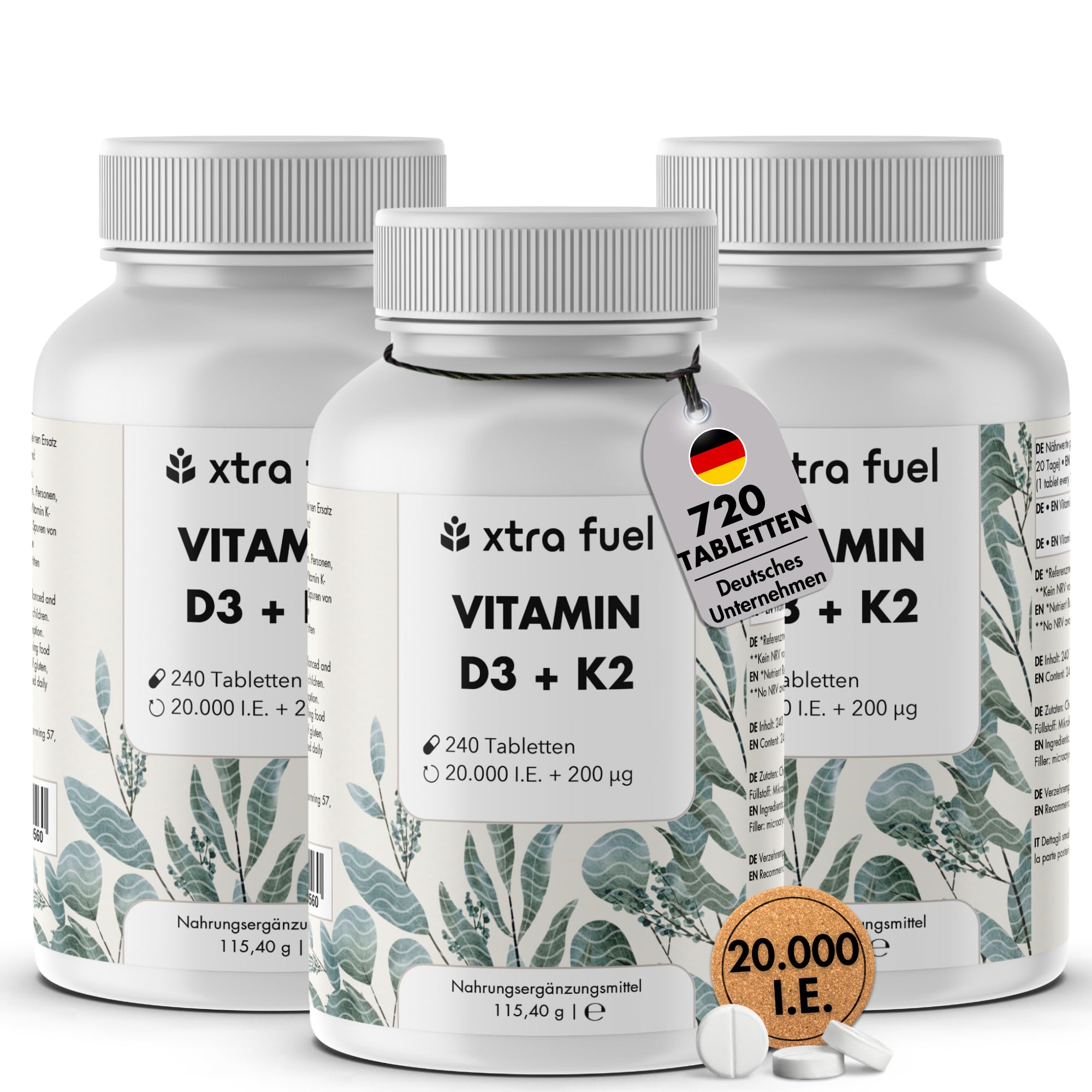 Vitamin D3 K2 20000 IE + Vitamin K2-MK7 99,7+% All-Trans - 720 Tabletten - hochdosiert & ohne Zusätze, laborgeprüfte Qualität - optimale Bioverfügbarkeit