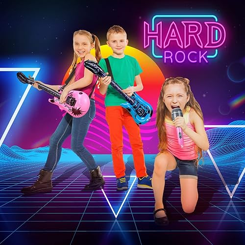 Miniatura 6 de Tradder Juego de 48 piezas de juguete inflable de estrella de rock de 37 pulgadas, a granel de guitarra inflable, incluye guitarra inflable de 24