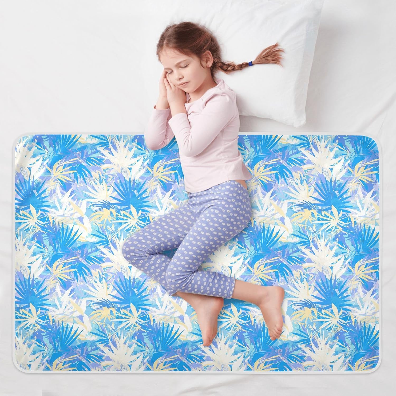 Tropical Style Blue White Leaves Extra Large Resuable Potty Training Pad Highly Absorbent Mattress Pad Anti-Lip Incontinence Pads for Baby Toddler Children , 52" L x 34" W
