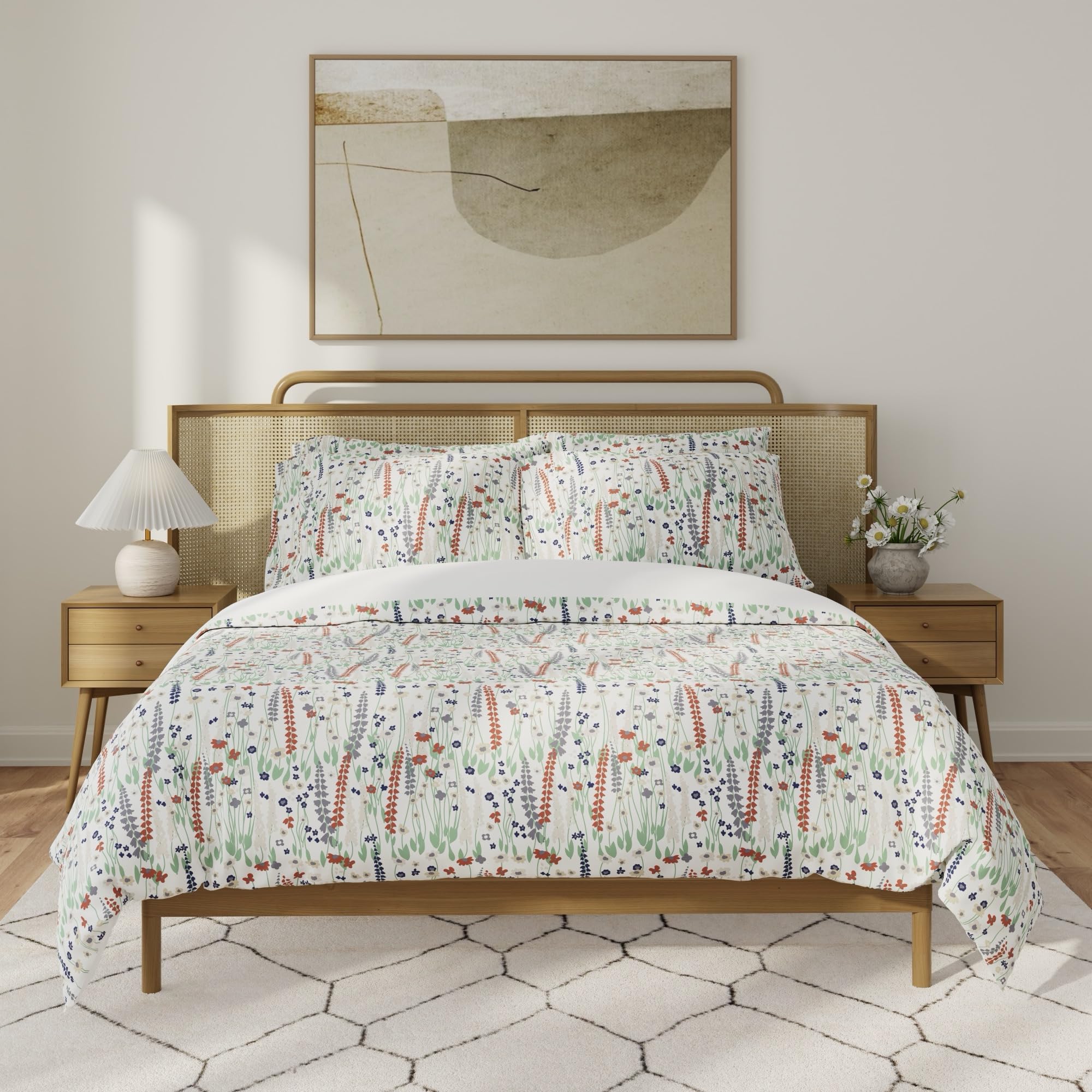 QuickZip Duvet Cover with Zipper Closure – Ultra Soft Long-Staple 100% Cotton, Oeko-Tex Certified, Durable Interior Corner Ties, Corner Clips, King/Cal King, Reversible Wildflower/White (Sateen)