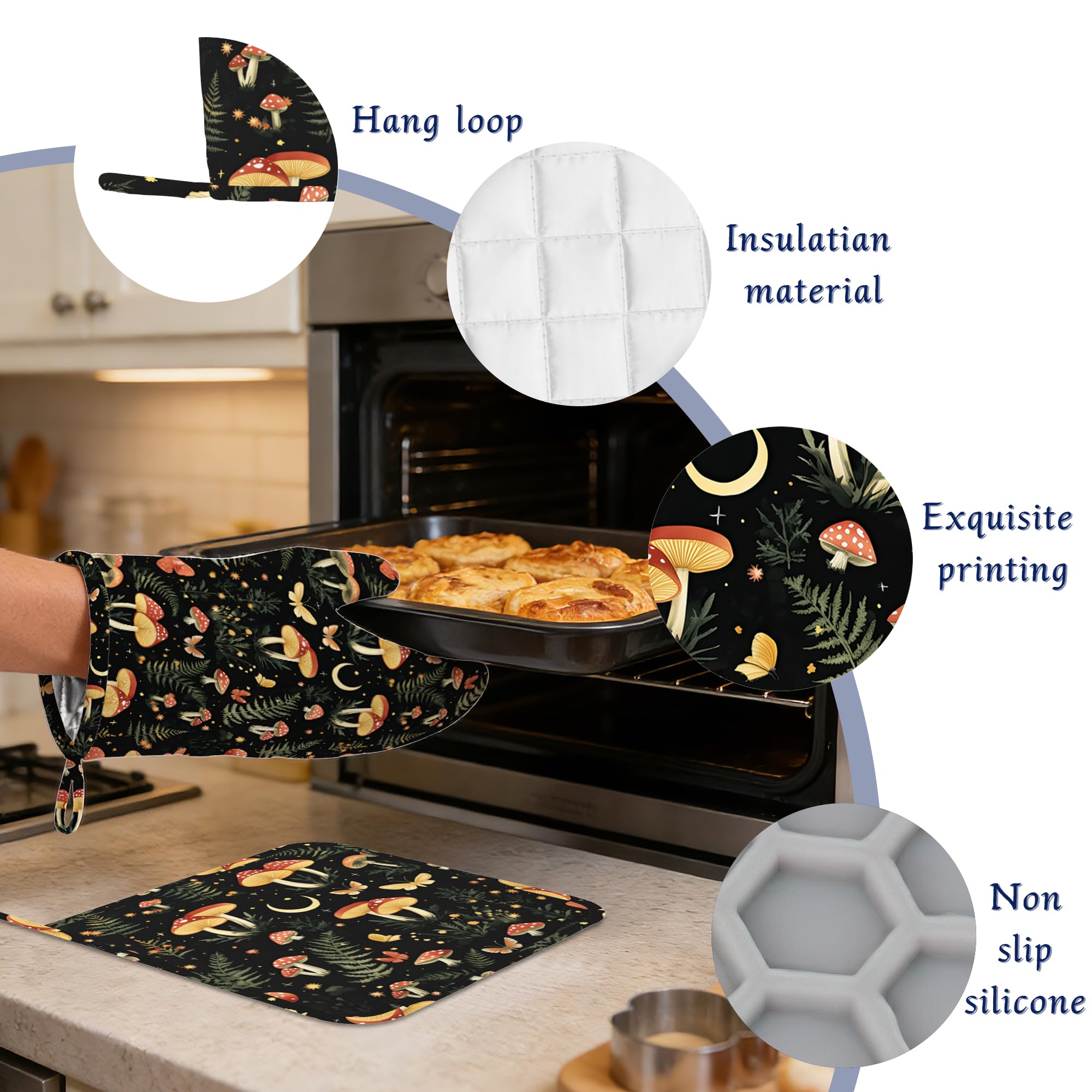 Boho Pilze Ofenhandschuhe und Topflappen Sets von 4 Wildblumen Schmetterling Hitzebeständige Silikon Ofenhandschuhe Handschuhe Rutschfeste Küchenhandschuhe Topflappen zum Kochen Backen Grillen BBQ