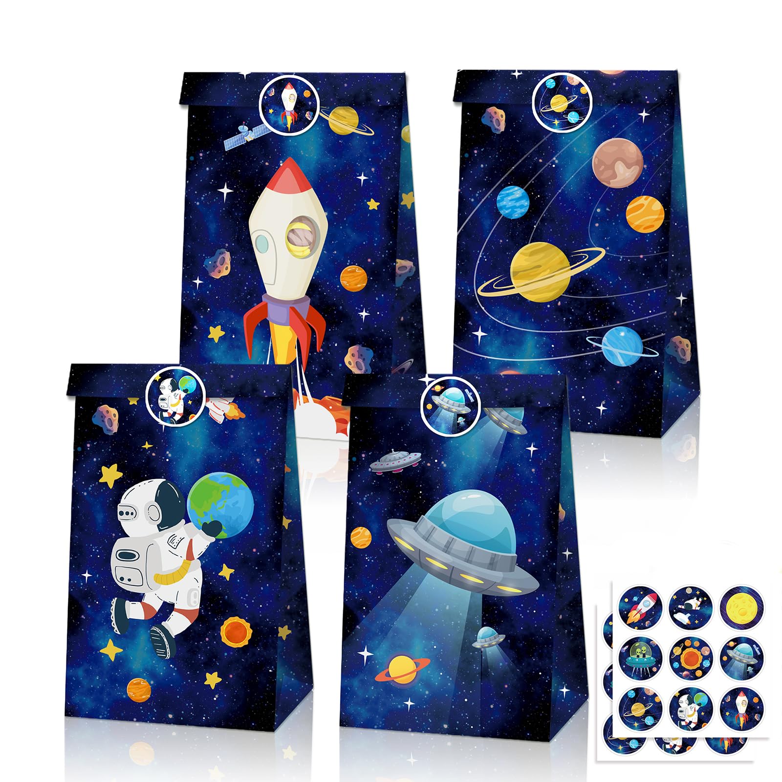12Pcs Paper Party Bags for Kids Party, 22x12x8cm Galaxy Space Small Gift Bag Candy Goodie Treat Bags with 18 Stickers for Boys Girls Birthday Astronaut Science Theme Parties Bag favours Presents