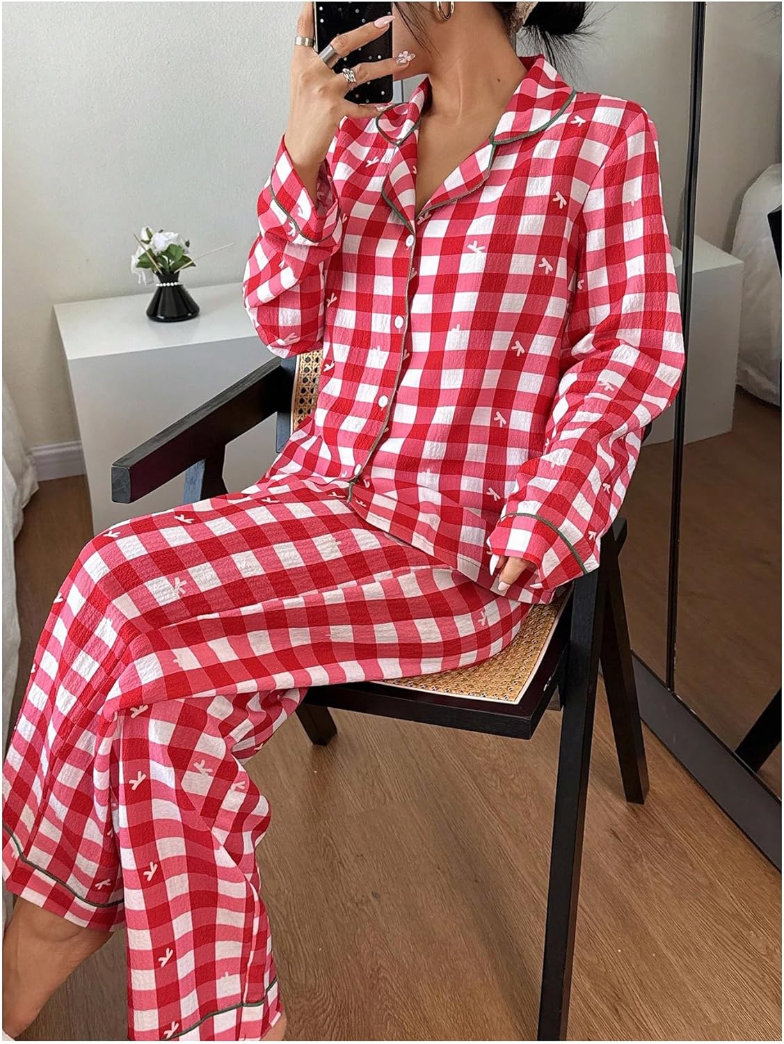 MakeMeChic Women's 2 Piece Pajama Sets Gingham Bow Knot Long Sleeve Button Down Shirt and Pants Set - Image 3