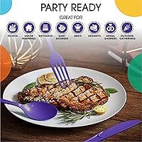 Vista 6 de Exquisite Cucharas de plástico moradas, 50 piezas, cucharas moradas, utensilios desechables, juego de cubiertos de plástico resistente
