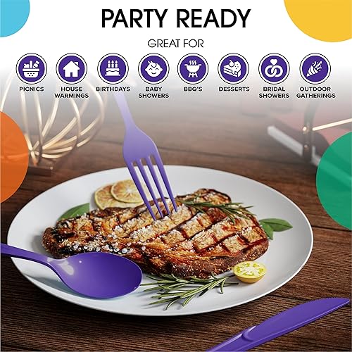 Miniatura 6 de Cucharas desechables de plástico morado, 200 piezas, cubiertos desechables de plástico morado resistente, cubiertos desechables morados, cubiertos