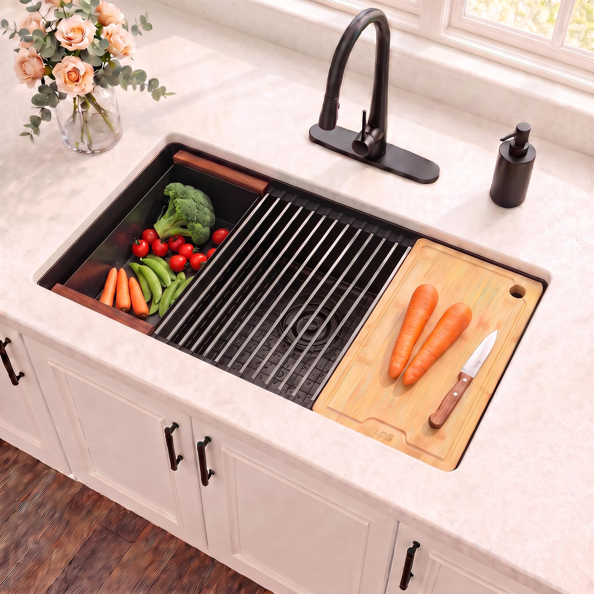 LQS Black Undermount Kitchen Sink, 32 Inch Undermount Kitchen Workstation Sink with X-Shaped Drain Line, 10 Inch Deep Single Bowl Black Kitchen Sinks For Modern Kitchen