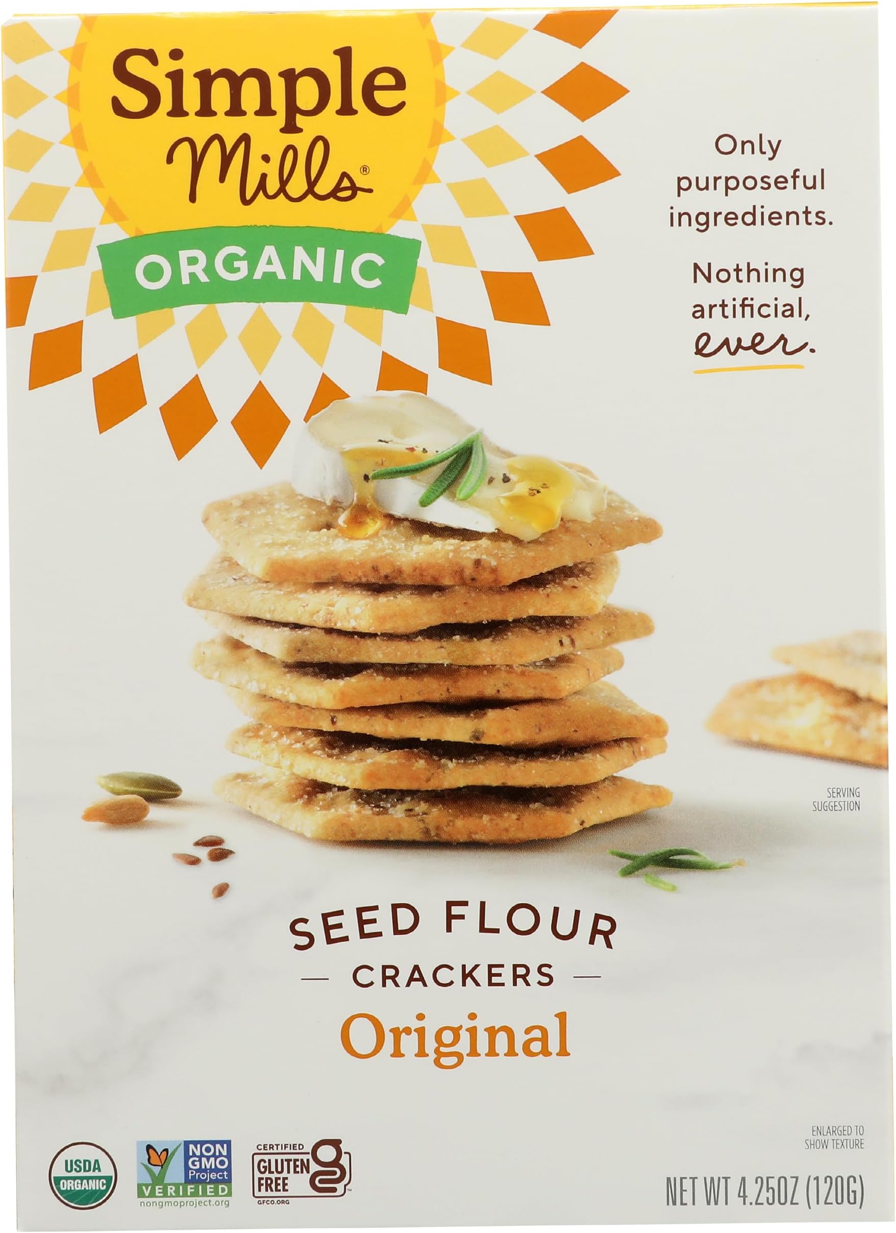 Simple Mills Organic Seed Crackers, Original, Gluten Free, Flax Seed, Sunflower Seeds, Corn Free, Low-Calorie Snacks, Plant Based, Nutrient Dense, 4.25oz, Pack of 1
