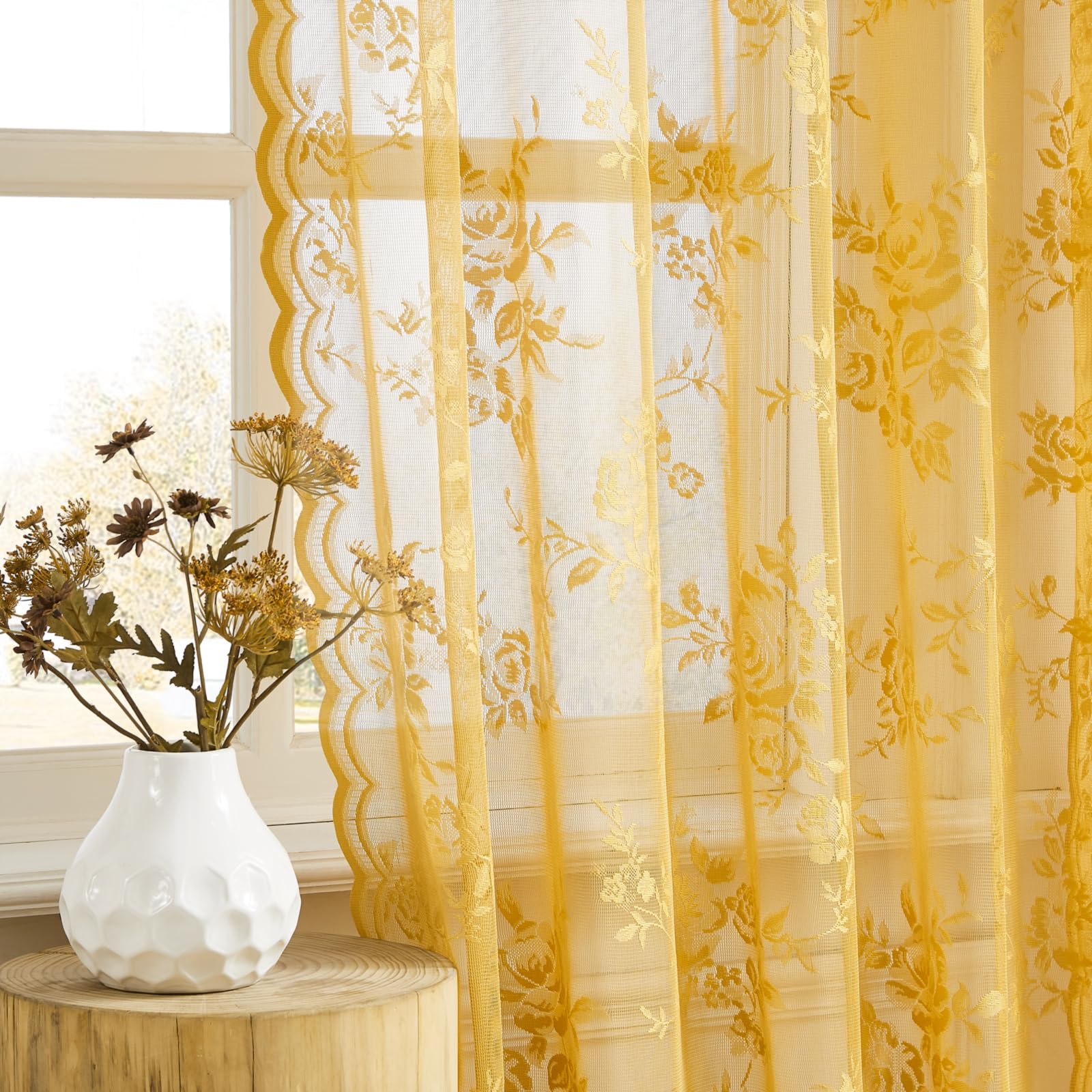Amazon.com: Gold Lace Curtains 63 Inch Length 2 Panels Set Earth