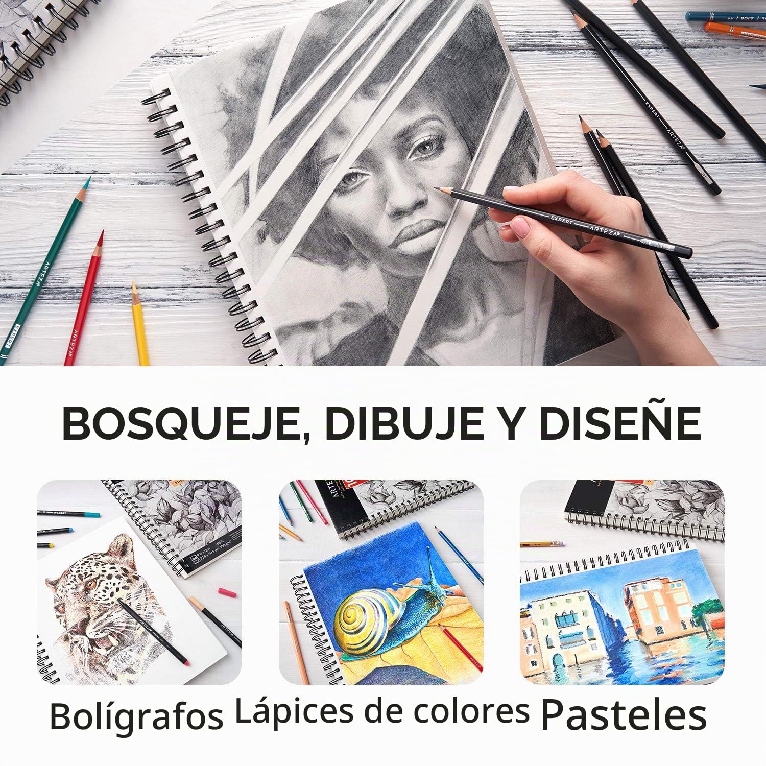 Arteza Cuadernos de dibujo | Pack de 2 blocs en espiral de doble anilla | 100 hojas cada uno | Papel grueso para bocetos | Tamaño 22,9 x 30,5 cm | Grosor 100 gsm | Sin ácidos | Blanco brillante