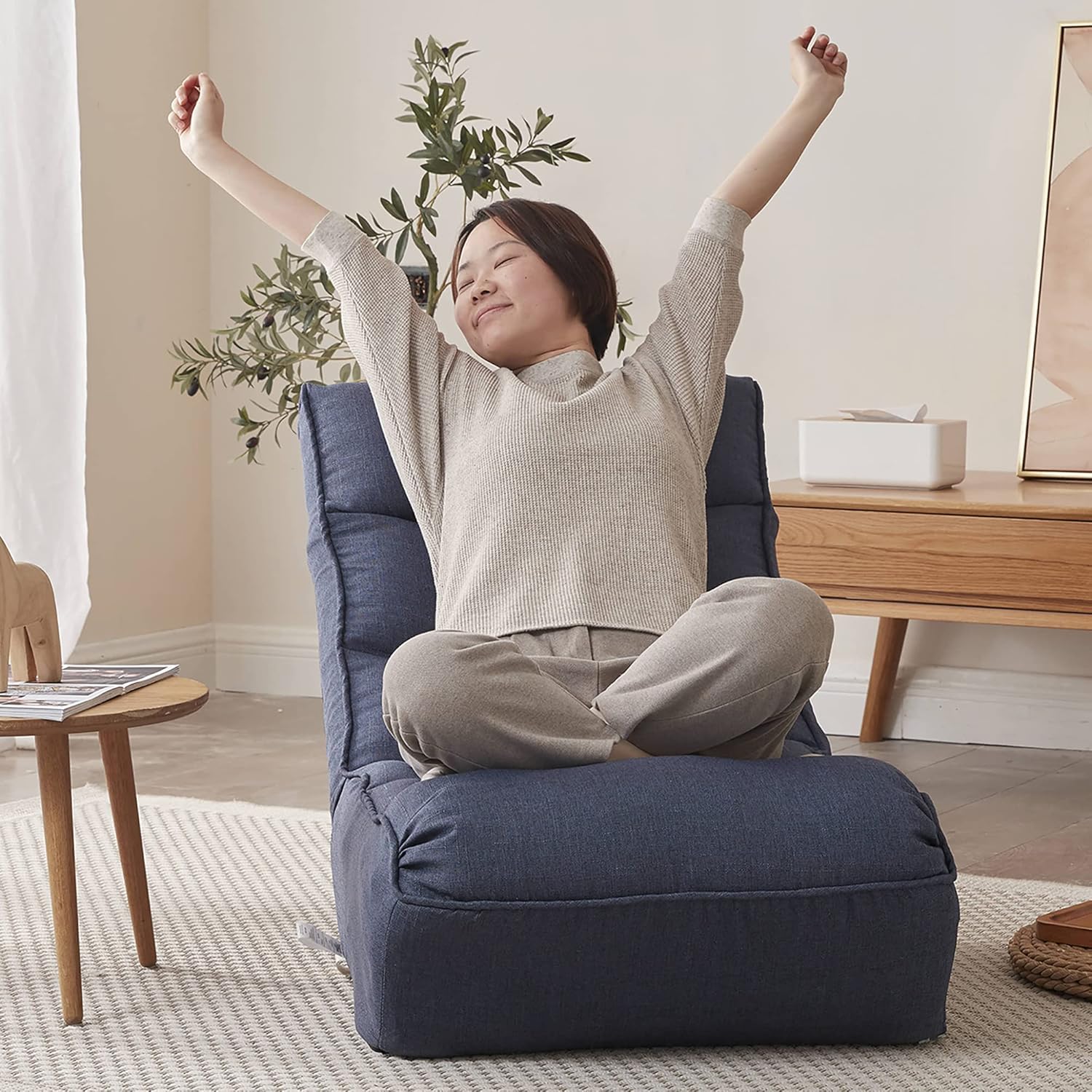 Floor Chair Single Lazy Sofa Leisure Balcony Reclining Japanese Tatami Adjustable Recliner with Ottoman for Living Room, Bedroom, Indoor Use(No Footstool, Navy)
