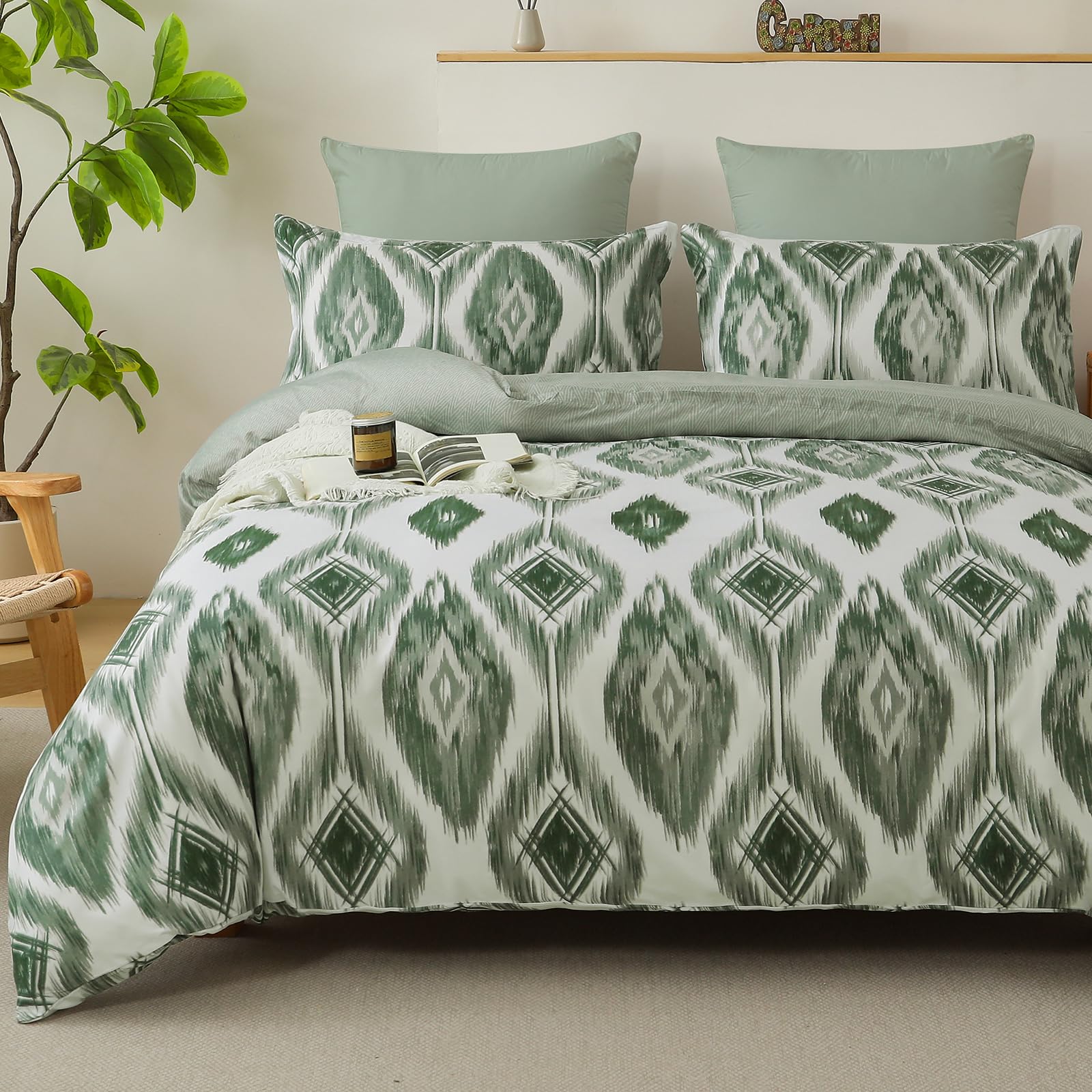 Boho Geometry Duvet Cover Set Double Bohemian Bedding Set for Boys Girls Adults Soft Gird Plaid Cube Duvet Cover with Zipper Closure (Green - Image 2