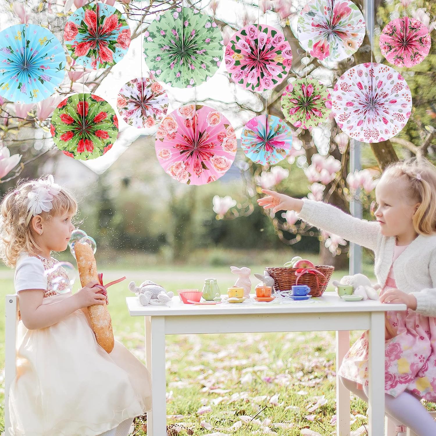 Thenshop 12 Pcs Tea Party Decorations Floral Hanging Paper Fans