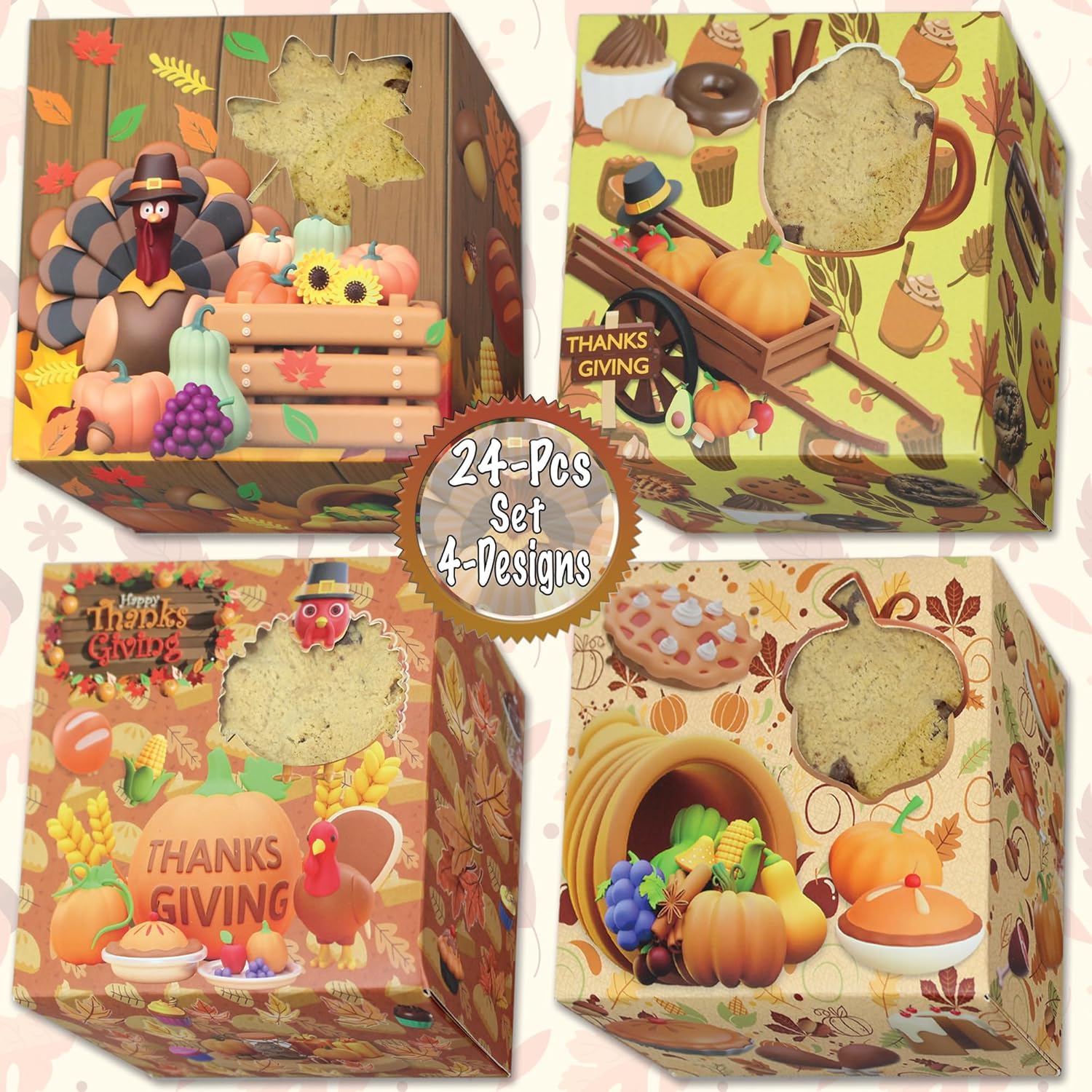 Thanksgiving Cookie Boxes | 24 Pcs Variety Party Pack (4 Unique Designs) | 5” x 5” Inch Thanksgiving Party Treat Boxes | Candy, Bakery Gift Giving Goodie Boxes | Fall Autumn Party Snack Boxes |BASHOUT - Image 2