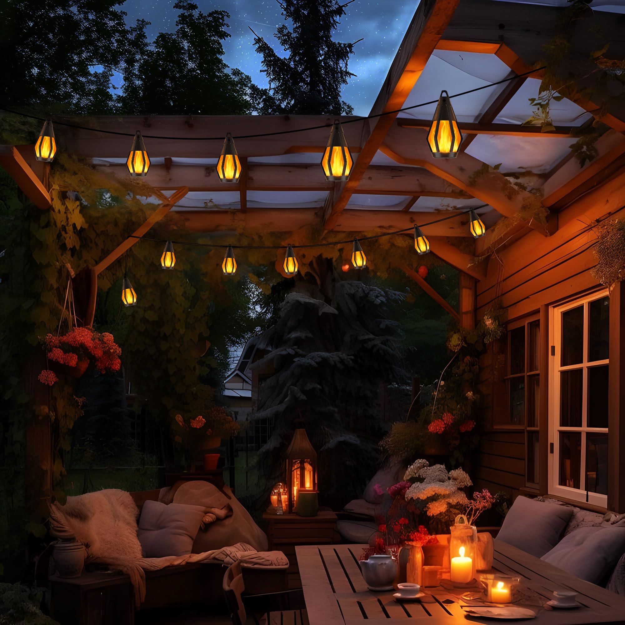 Solar-Lichterkette für den Außenbereich, 12 m, Solar-Terrassenlicht mit 20 flackernden Flammen, wasserdicht, warmweiß, solarbetriebene Außenleuchten für Garten, Hof, Terrasse, Pavillon, Bistro, Café