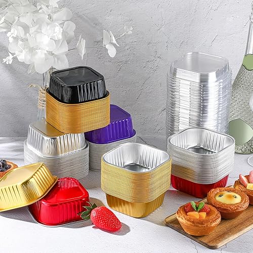 Miniatura 3 de 150 moldes desechables de 10 onzas para hornear pasteles con tapas, papel de aluminio, tazas para hornear cupcakes, pudín, postres, galletas,