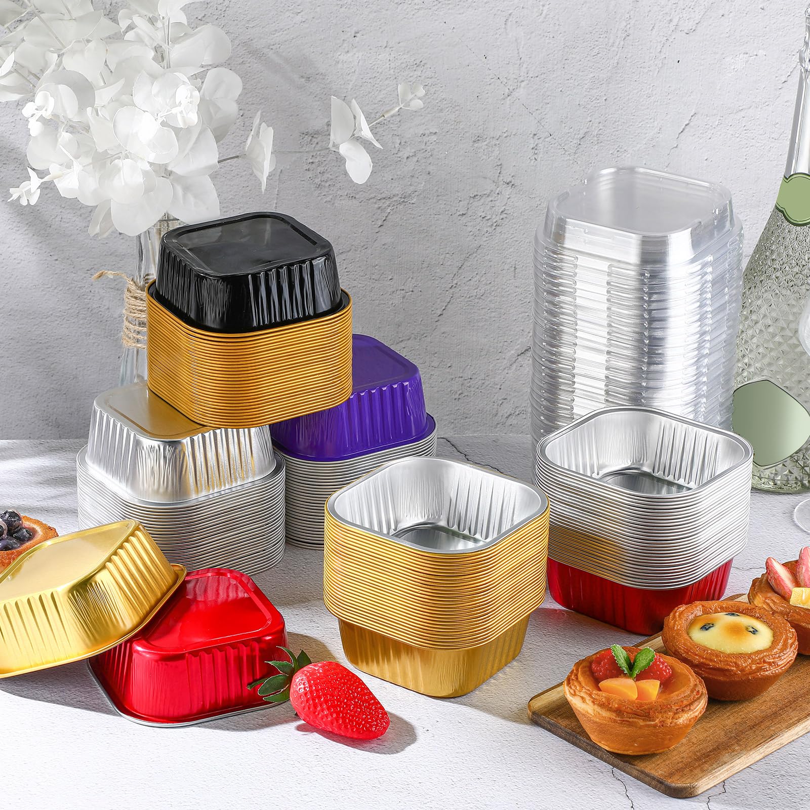 150 tazas de papel de aluminio de 10 onzas con tapas, tazas cuadradas para hornear, moldes desechables para hornear, moldes para cupcakes, para alimentos, brownie, pudín, postres, hornear, cocina,