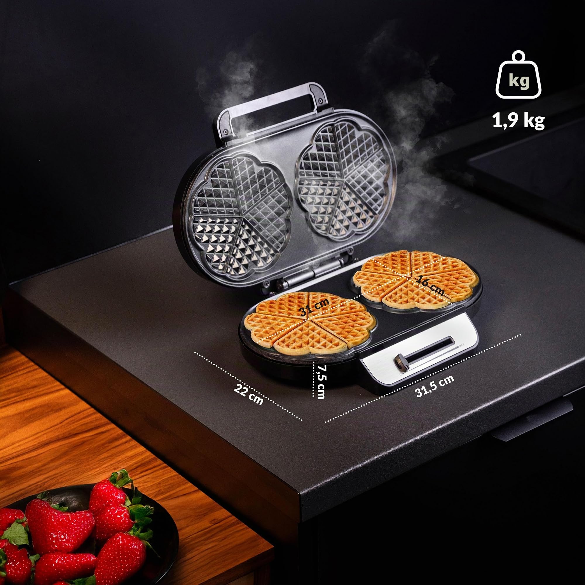 LEHMANN Gofrera Corazon Doble - Waffle Maker para 10 Gofres de Corazón Clásicos - Maquina de Gofres con 2 Superficies Antiadherentes - Control de Temperatura - 1200 W - Negro/Plateado