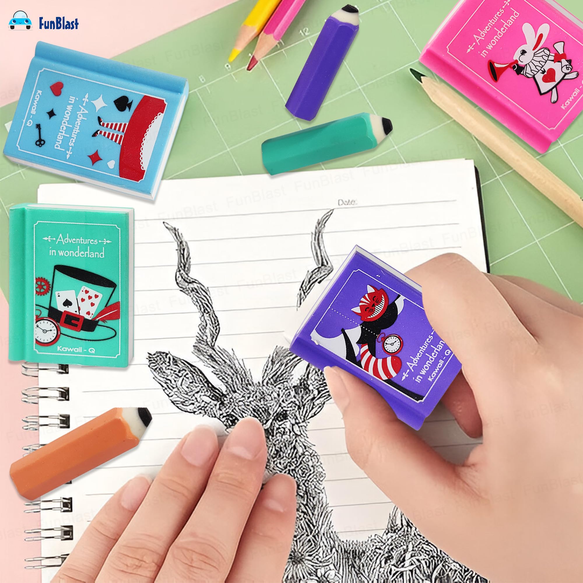 FunBlast Mini Pencil and Book Shape Erasers Set For Kids - Multicolor, Rectangular, Rubber, Kawaii Eraser Set, Eraser, Multi-Color - Image 4 thumbnail