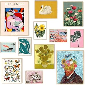 12 PCS Colorful Eclectic Wall Art Decor, Maximalist Liveing Room Decor, Posters for Room Aesthetic Retro Bedroom Decor, Famous Artist Painting Pictures - Unframed