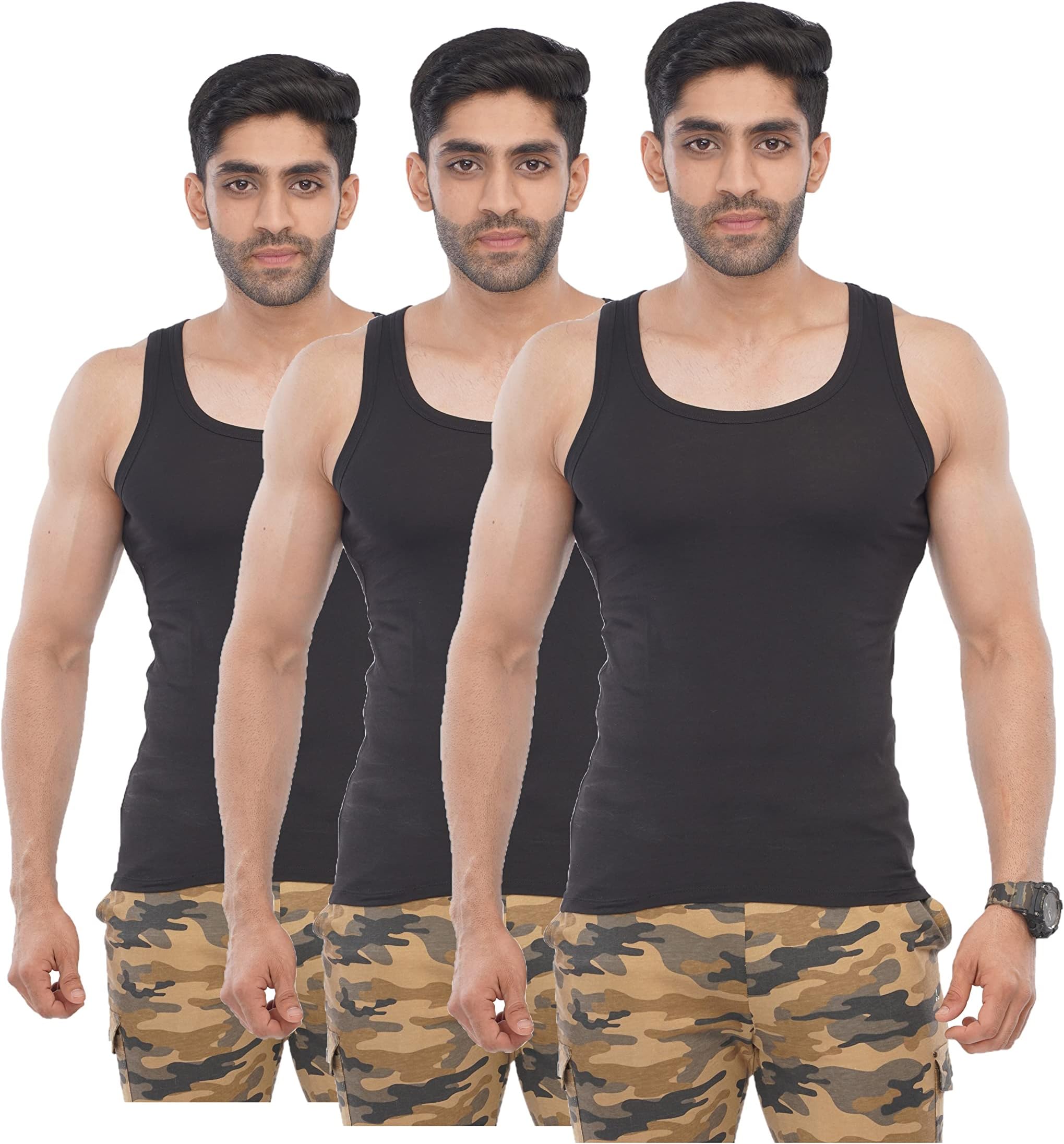 CARBON BASICS Men's Cotton Sleeveless Round Neck Vest - Pack of 3 | Skin-Friendly | Classic Vest for Men with Side Branding Comfort & Durability