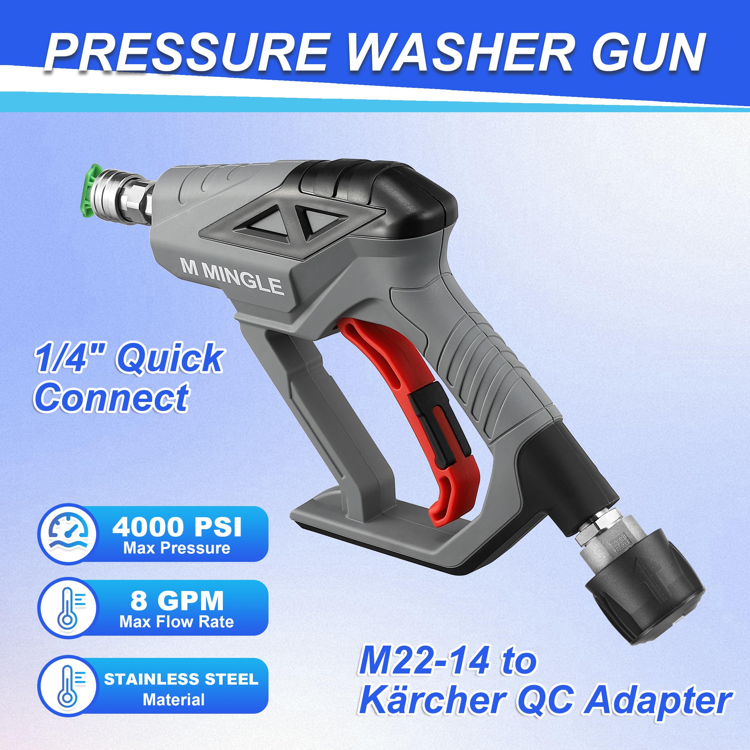 M MINGLE Pistola idropulitrice ad alta pressione, compatibile con Karcher K2-K7, 4000 PSI | Adattatore M22 da 14 mm, kit pistola per lavaggio auto, 5 punte per ugelli a connessione rapida