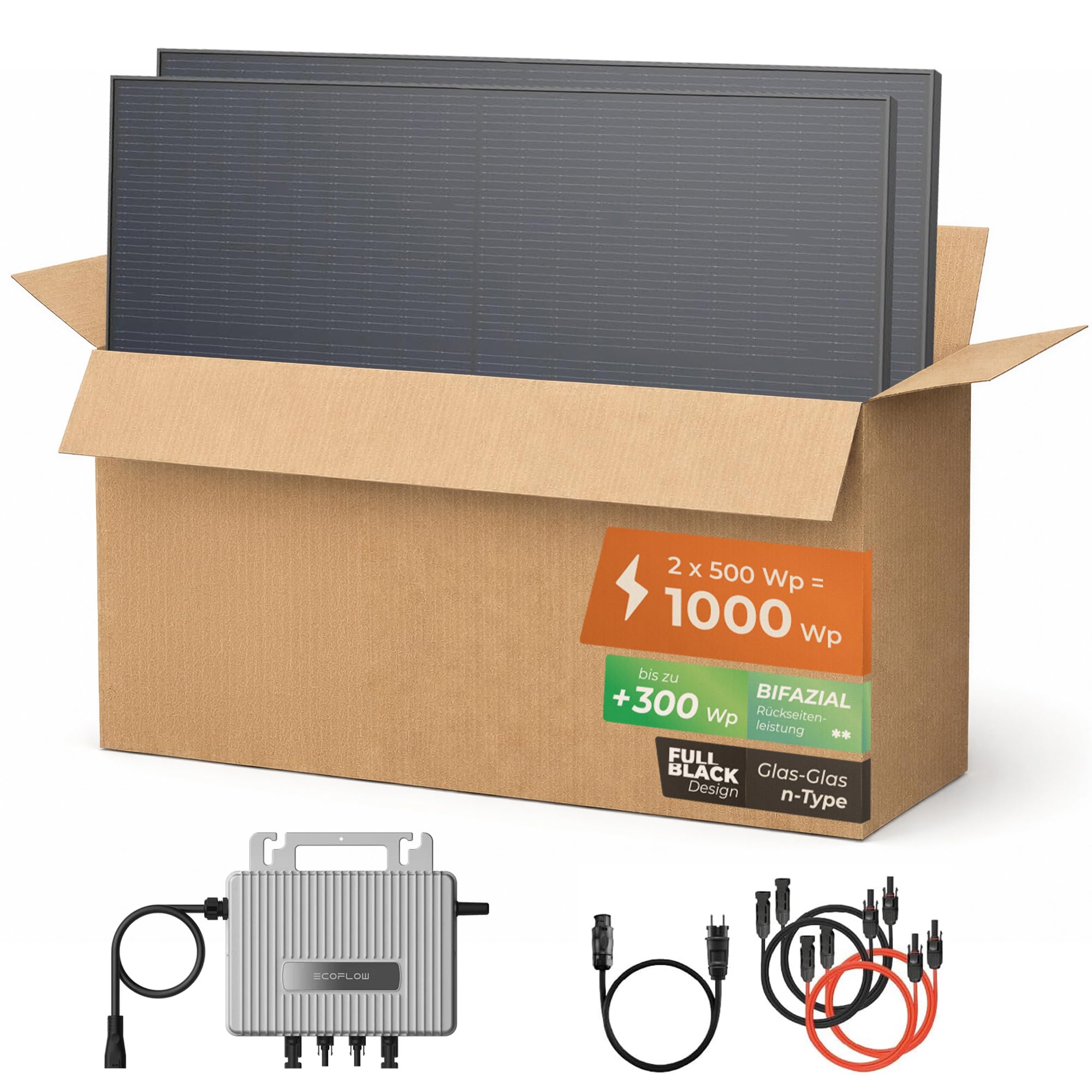 Solarway® 1000Wp / 800W Balkonkraftwerk komplett Steckdose - neuester EcoFlow Stream 800 Watt Wechselrichter - Solaranlage Komplettset - 500W bifaziale Black Solarmodule & EcoFlow & Zubehör