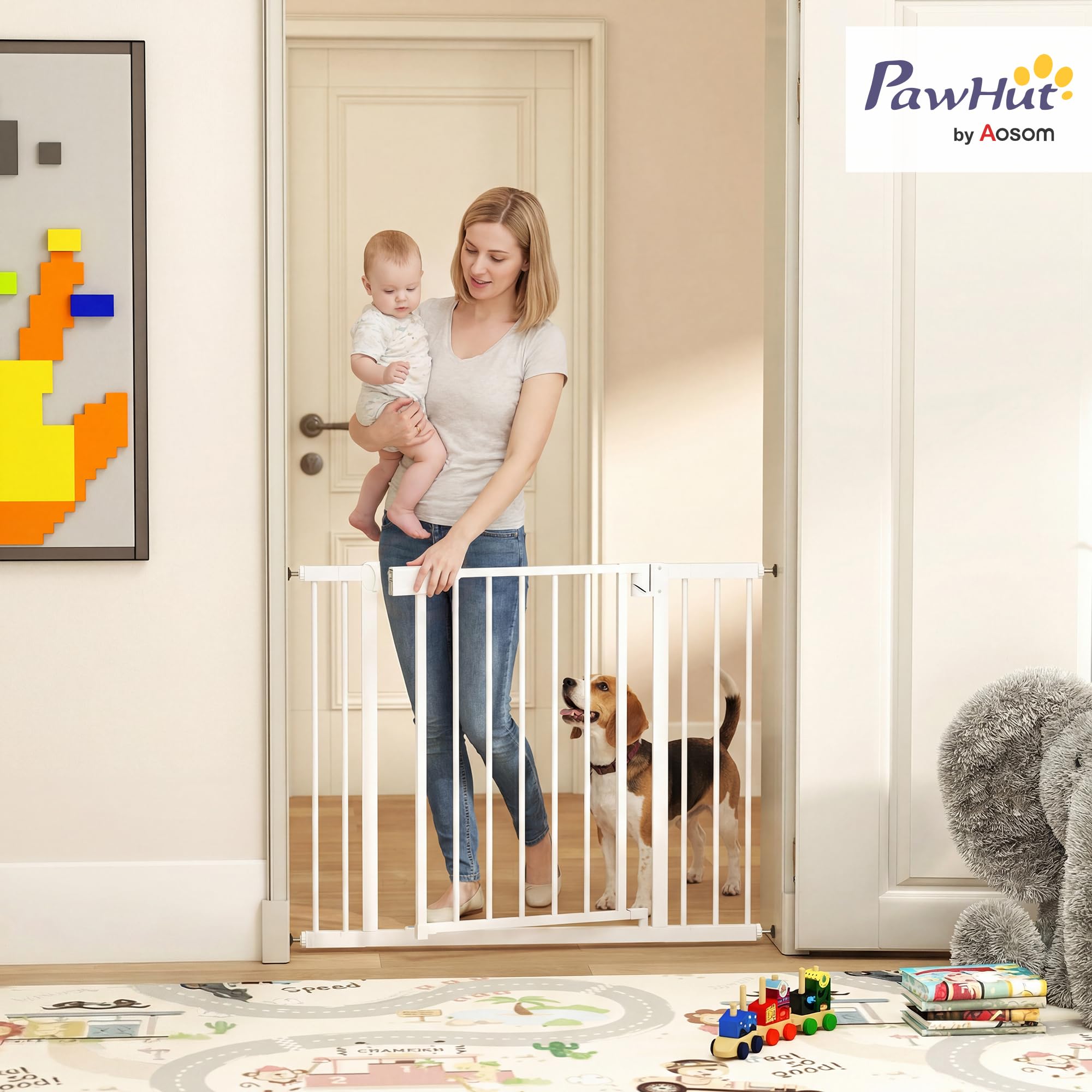 PawHut Barrière de sécurité bébé Enfant en Acier - 76-102 cm barrière d'escalier avec Extensions, sans perçage - Fixation par Pression, Fermeture Auto et Ouverture d'une Main - Blanc
