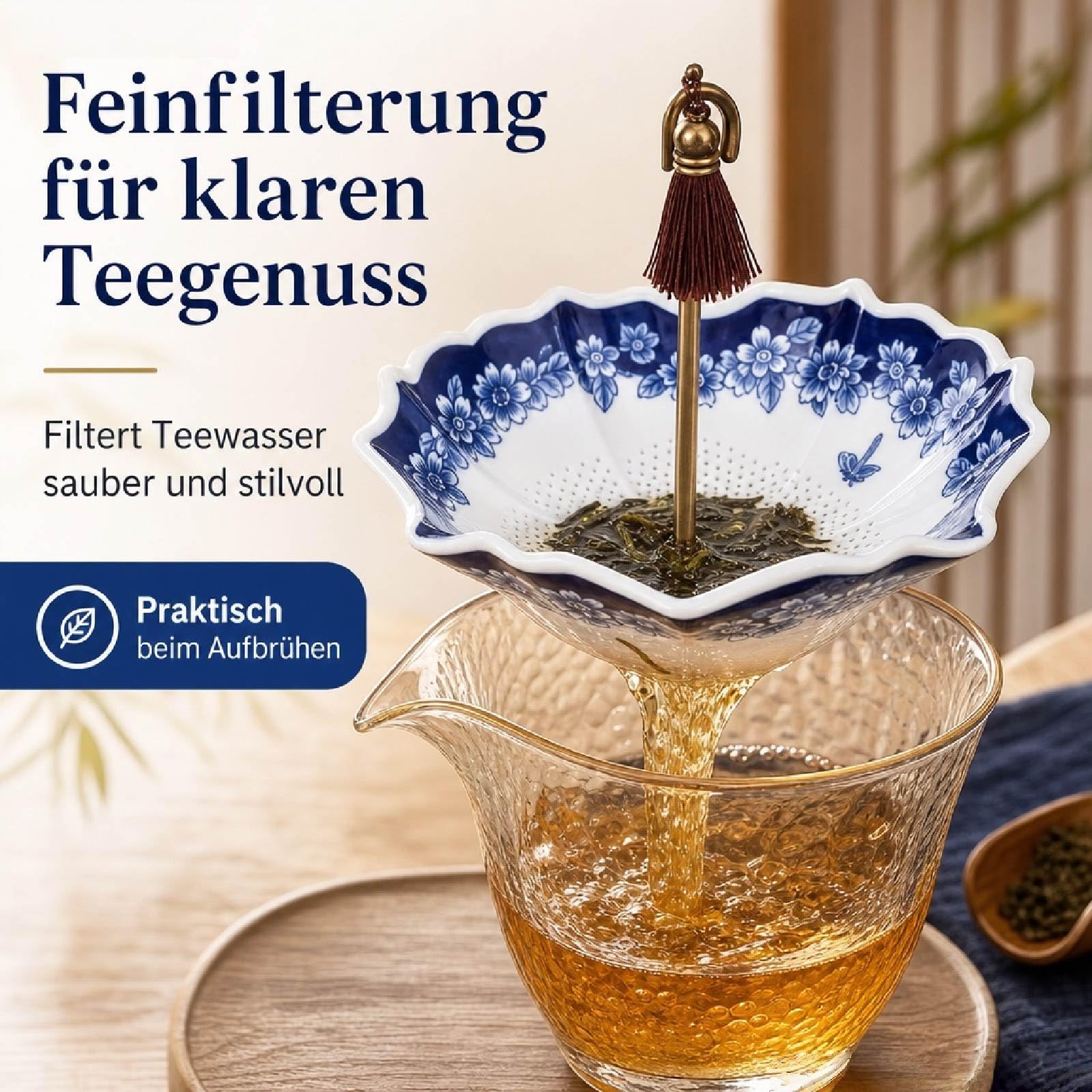 Umbrella Tea Strainer, Creative Regenschirm Teesieb aus Keramik, Blau-Weißes Porzellan-Rotationsdesign, Praktischer Teeschirm für losen Tee (2PCS Blaue Blume-Set)