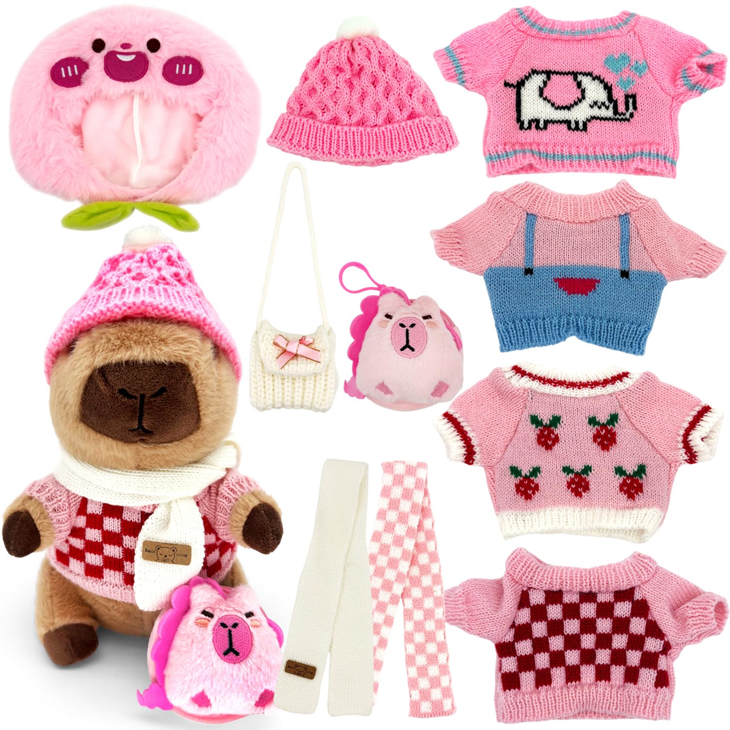 11Pcs Capybara Plush Toy, Capibara Stuffed Animal with 10 Clothes and Accessories, 10 inch Super Soft Capybara Toys for Kids Girls Boys, Role Play Dress Up Gifts (11 PCS Pink) โ image 1