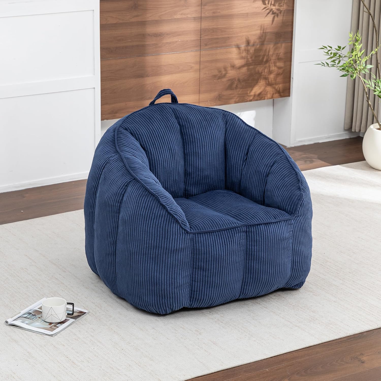 GDFStudio Bean Bag Chair for Adults, Large Bean Bag Sofa, Giant Comfy Floor Lounge Seat with Armrests and Backrest, Memory Foam Filling Corduroy Bean Bag Couch for Living Room Bedroom, Dark Blue
