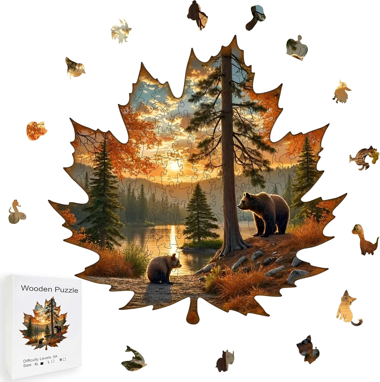 Wooden Puzzles, 205 Pieces Maple Leaf Jigsaw Puzzles, Unique Shaped Wooden Puzzle for Adults and Kids, Family Game (Maple Leaf, Royal)