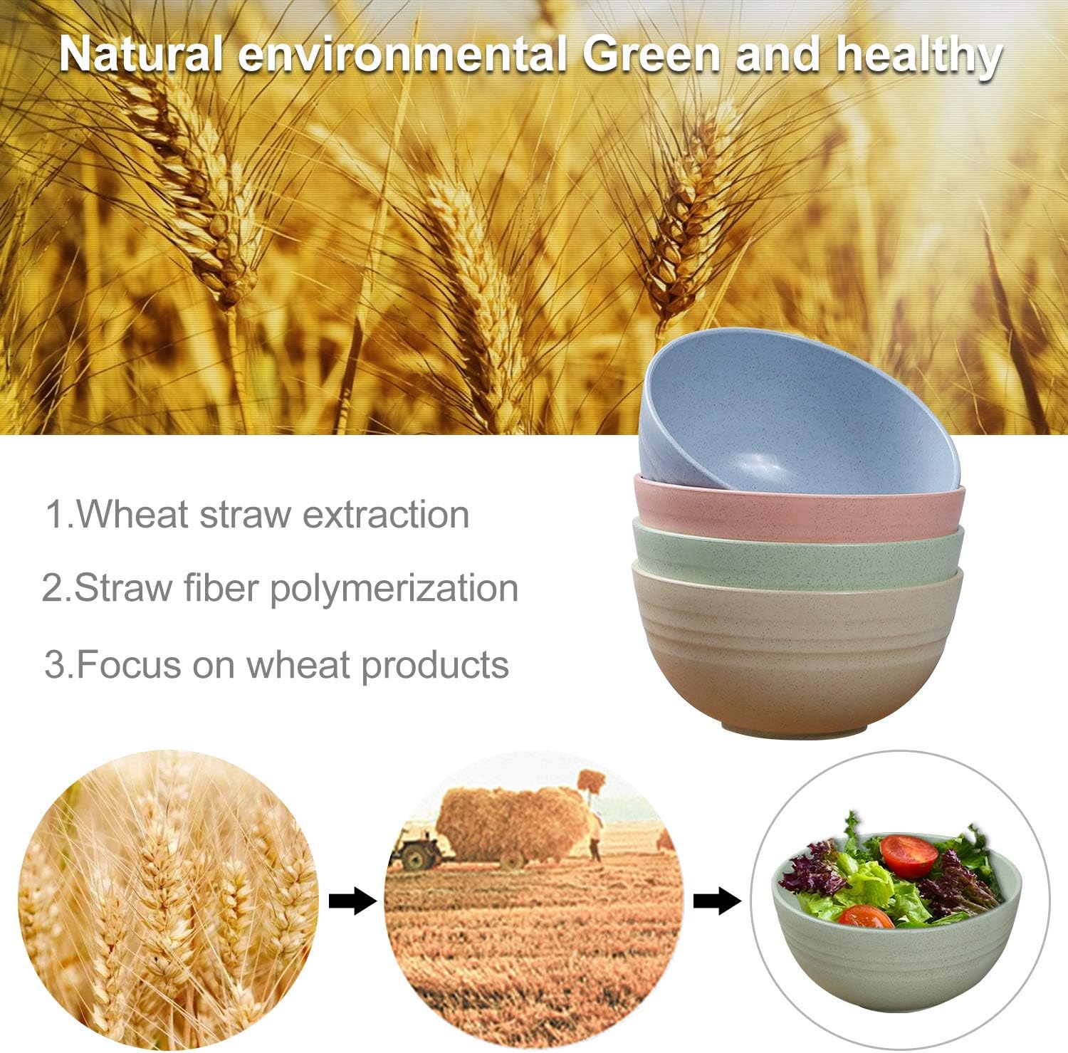 4 Pack Unbreakable Cereal Bowls, (Dabacc) Wheat Straw Bowl 24 OZ for Rice Noodle Soup Healthy Kitchen Dinnerware Set for Dinner Parties, Dishwasher and Microwave Safe