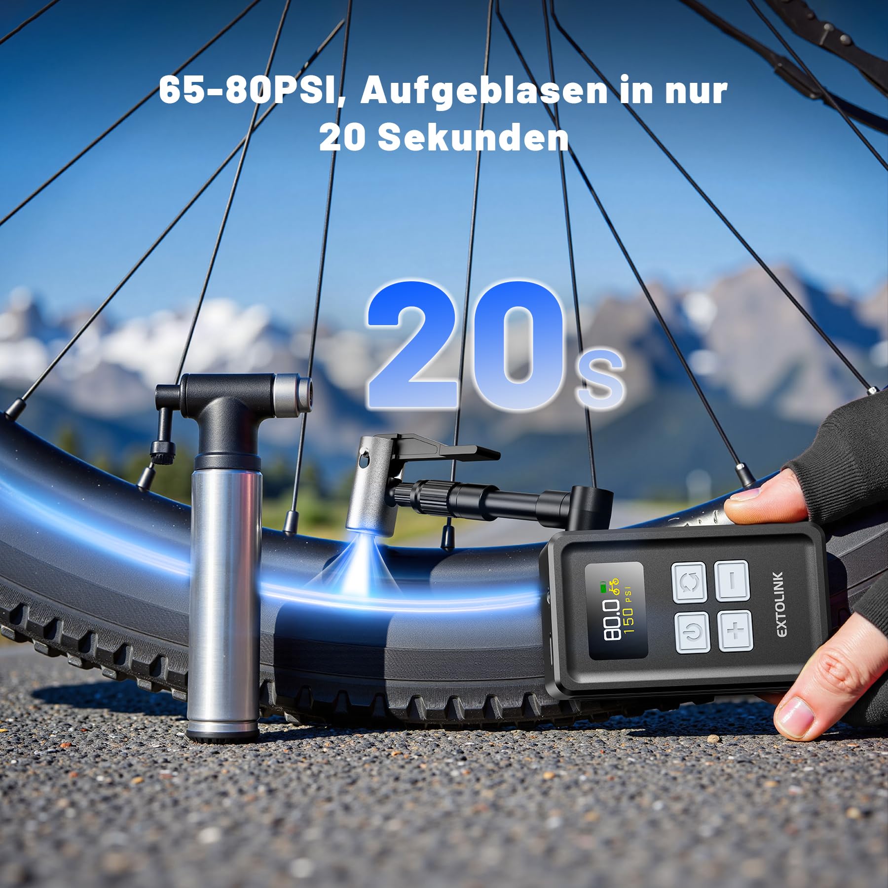 Fahrradpumpe Elektrisch, Max 150 PSI Mini Fahrrad Pumpe mit Digitalanzeige, 360°-Pumpenrohr, 20s Aufblasen Fahrradpumpe mit Amerikanische, Presta-Ventile für Rennräder, Mountainbikes