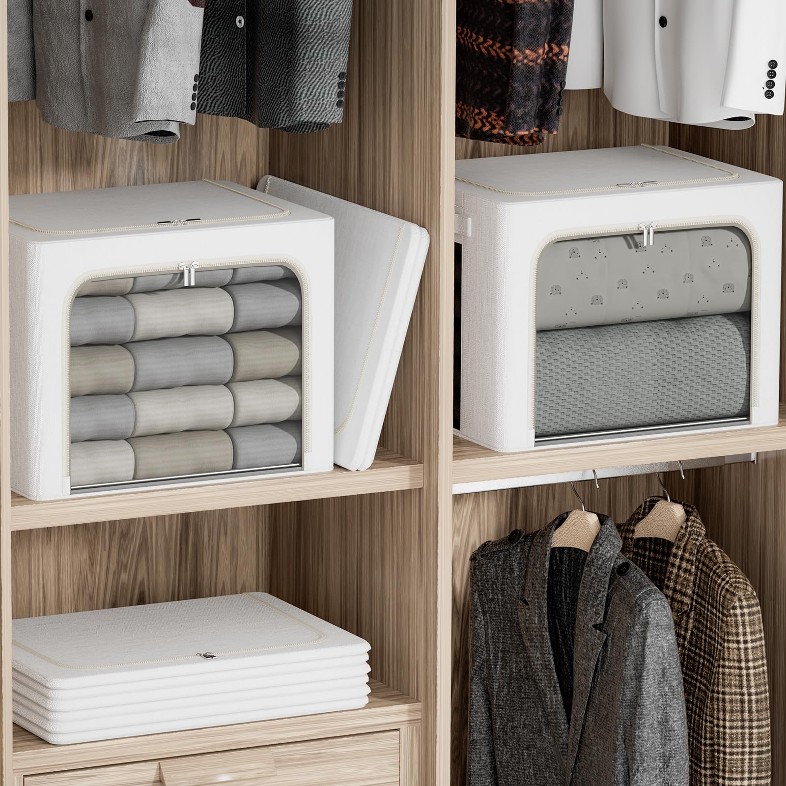 FHSQX Paquete de 2 contenedores de almacenamiento transparentes para ventana, apilables, grandes, de tela de lino, para ropa, organizador plegable con asas de transporte (blanco brillante, 15.7 x 11.8
