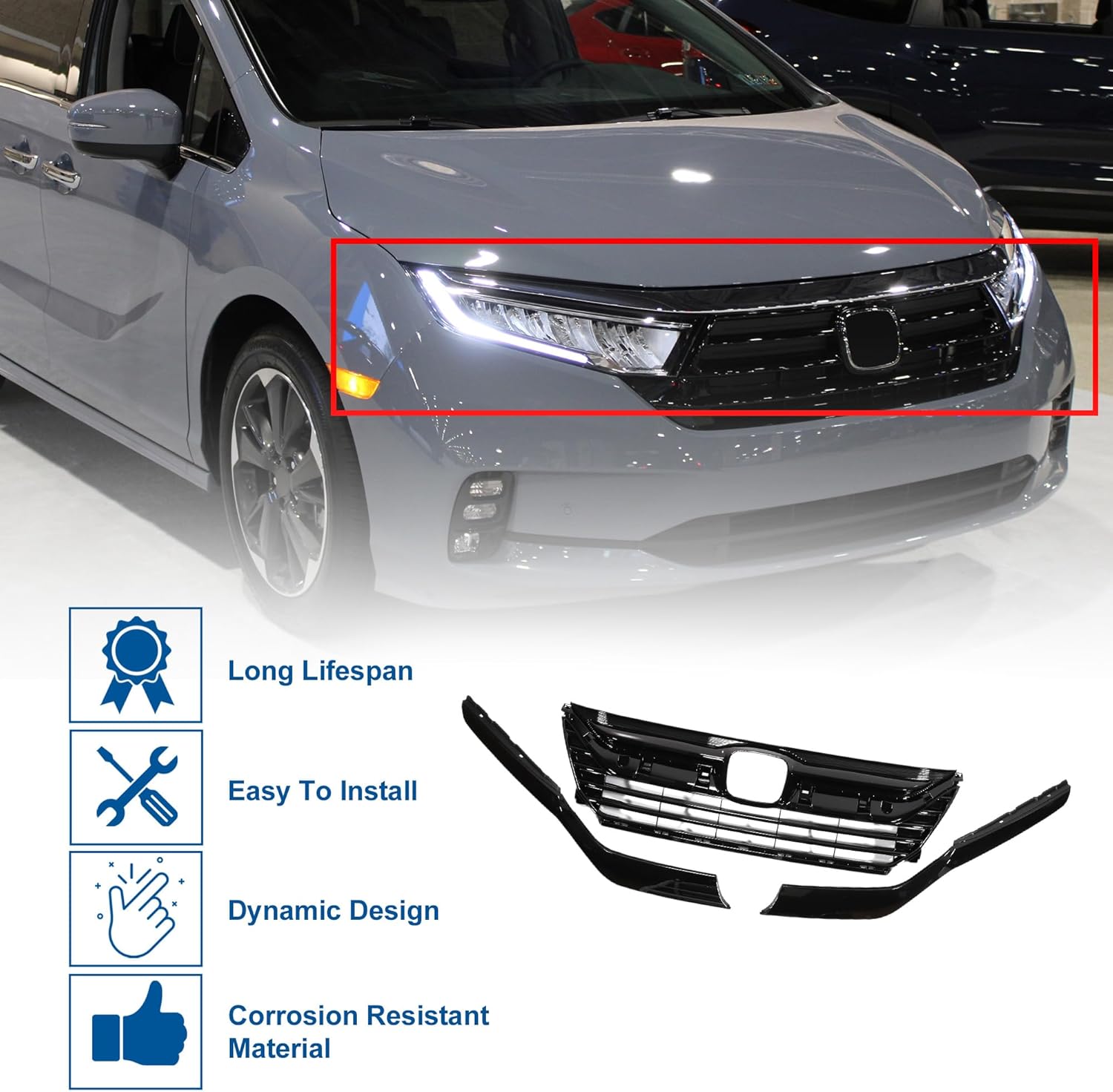 Front Hood Bumper Grille Grill Front Upper Grille Chrome Headlight Eyelid for Honda Odyssey 2018-2021 Black