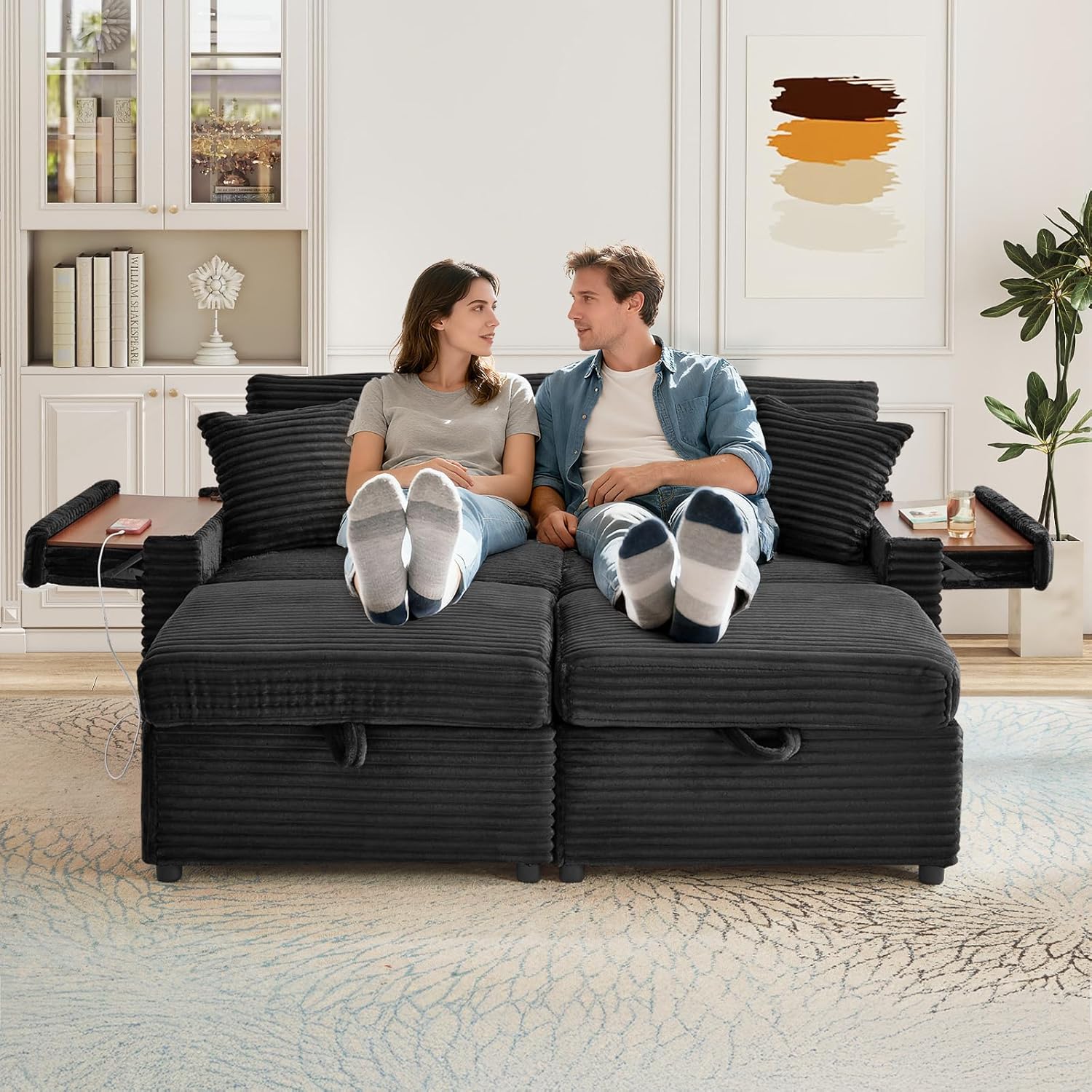 Loveseat Chair and Ottoman Set, Modern Comfy Corduroy Cloud Fluffy Chaise Lounge Sofa Chair with Storage Ottoman & Wooden Side Table & USB Charging Ports for Living Room Bedroom Reading Room, Black