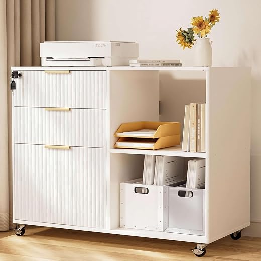 INNOD 3 Drawer Fluted Mobile Filing Cabinet with Lock, Lateral Rolling Under Desk File Cabinet, Wooden Printer Stand Table for Home Office Essentials Storage Organization Furniture Letters/A4(White)