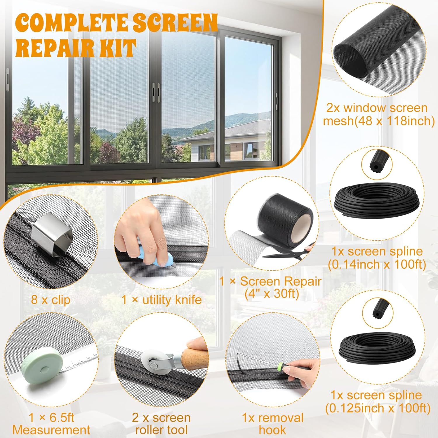 18 Pcs Window Screen Repair Kit Included 2 Rolls 48"x118" Fiberglass Mesh 4"x30ft Screen Repair Tape 8 Clips with Spline, Double Wheel Roller, Hook, Measuring Tape, and Cutter for Door Window