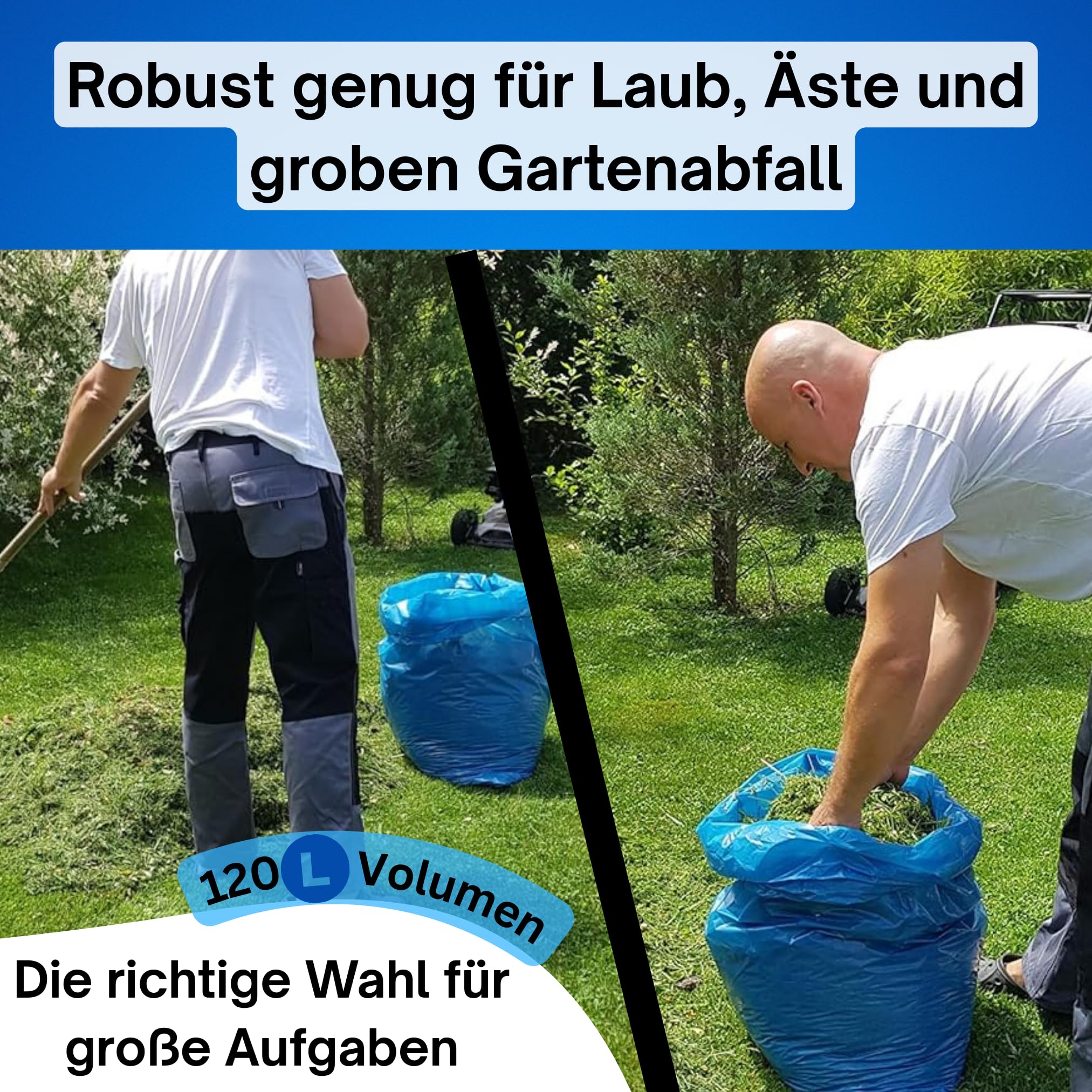 150 Stück reißfeste Müllsäcke 120 L, 79 μm | Typ 100 | extra stark & reißfest | 10 Rollen à 15 Stück| XXL Abfallbeutel - 700x1100mm | LPDE, blau | Müllentsorgung Haushalt, Garten, Gewerbe