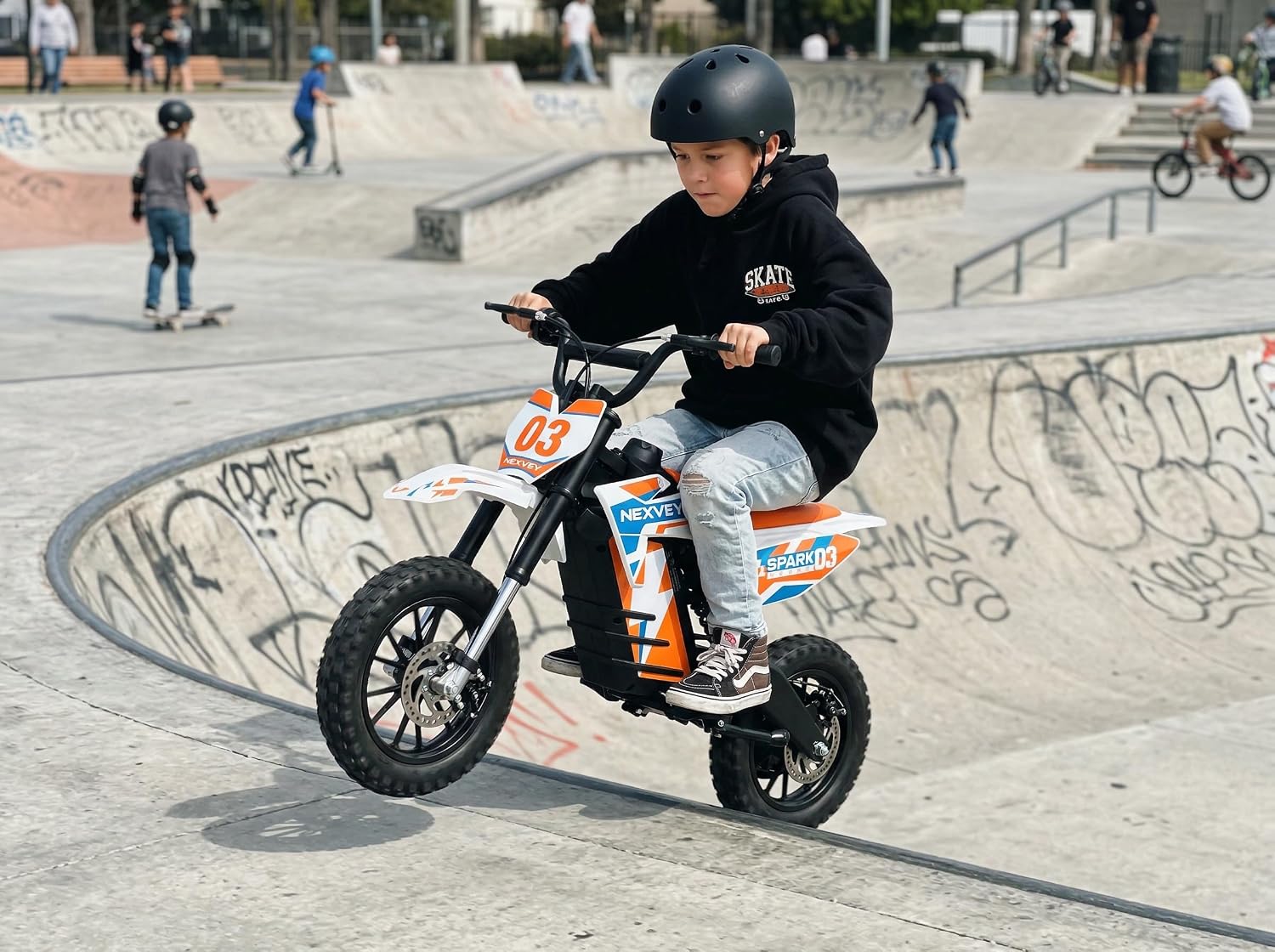 NEXVEY SPARK03 Electric Dirt Bike for Kids, 1500W Peak, 22MPH, 48V 10.4Ah Battery, 3 Speed Modes, Outdoor Ride-On Gift, Dual Suspension, 14” Tires for Ages 8–13