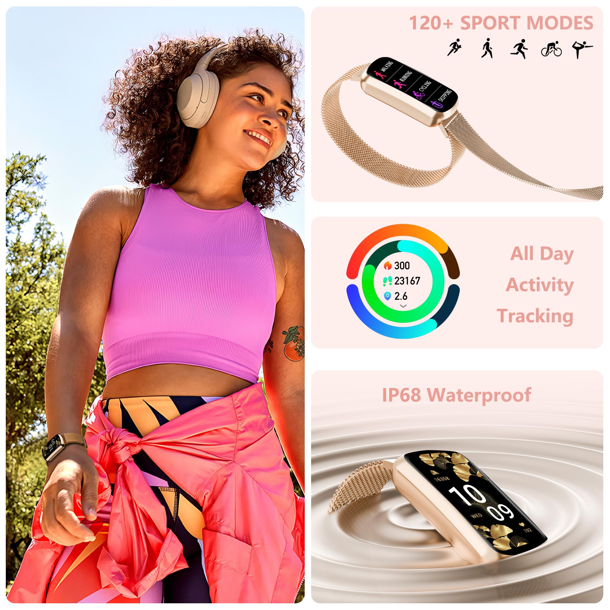 Monitor de salud y fitness, reloj inteligente con frecuencia cardíaca 24/7, rastreador de actividad con monitor de presión arterial y oxígeno en sangre, 120 modos deportivos, impermeable, rastreador