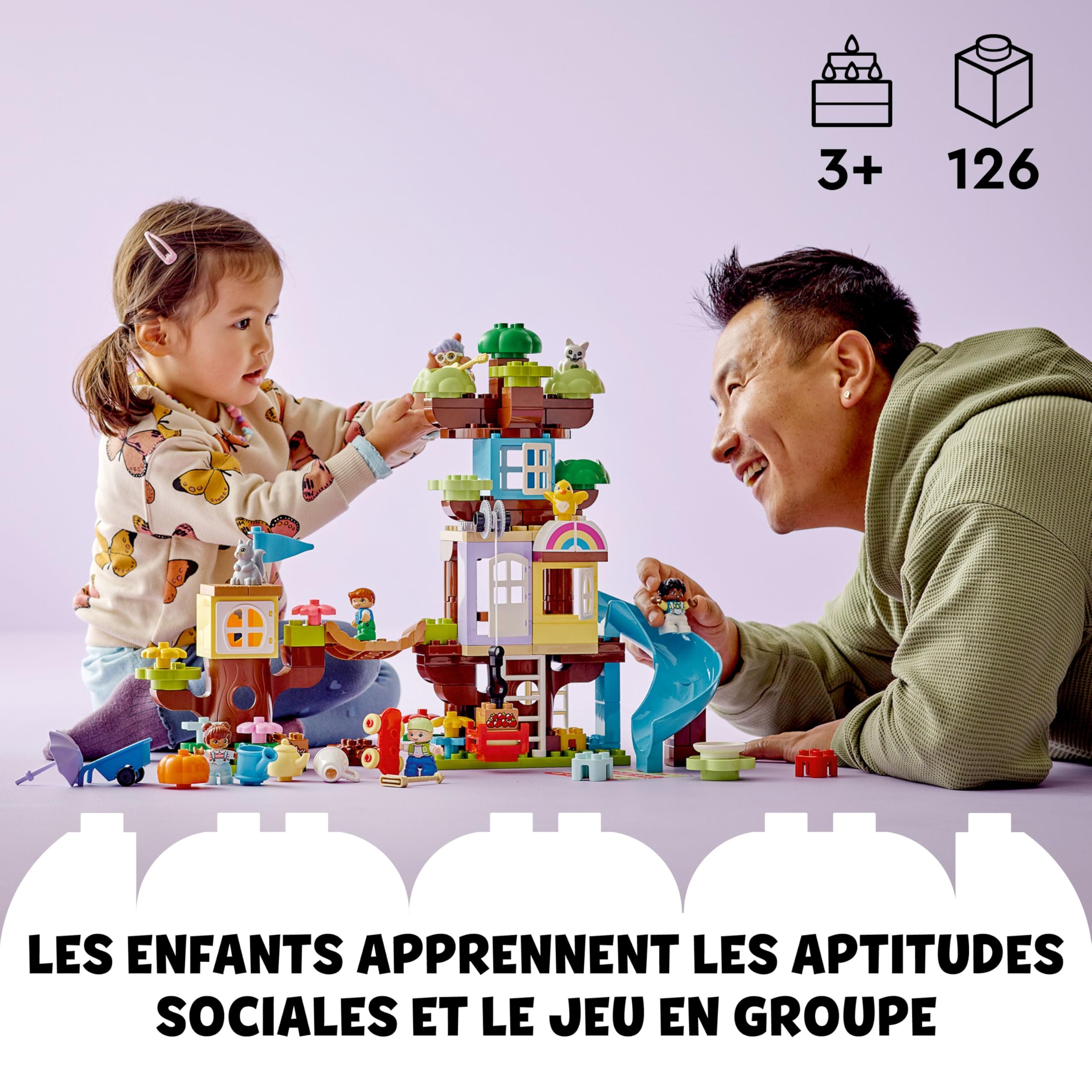 LEGO 10993 Duplo La Cabane dans l’Arbre 3-en-1, Jouet Éducatif pour Enfants Dès 3 Ans, Filles et Garçons, avec 4 Figurines Animaux, des Briques et Toboggan