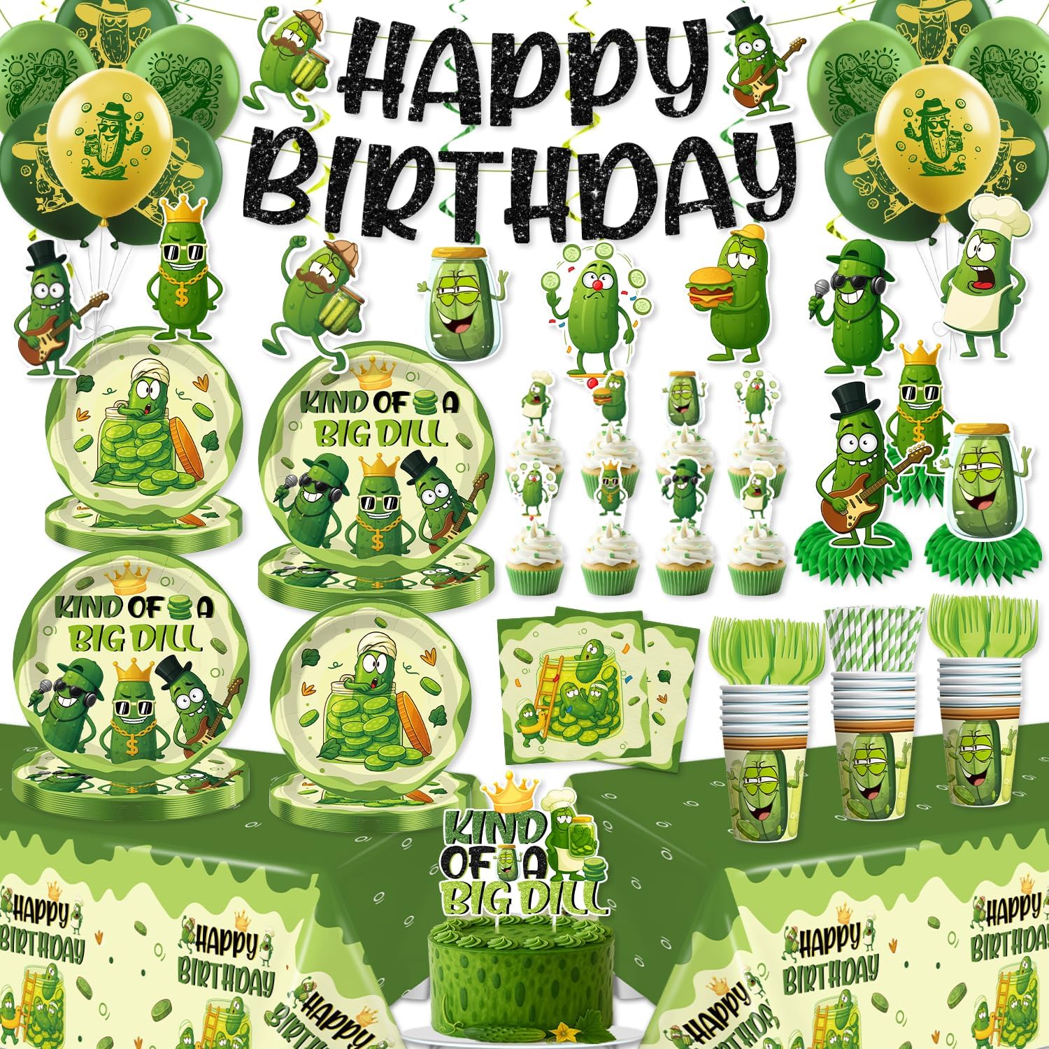 Pickle Party Decorations Funny Pickle Cucumber Happy Birthday Banner Cake Topper Balloons Cartoon Pickle Plates and Napkins with 2 Pcs Pickle Birthday Tablecloth Decorations