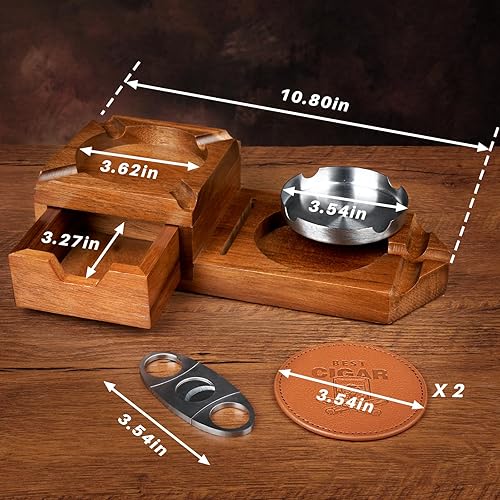 Miniatura 5 de Regalos para hombres, papá, marido, San Valentín, cenicero de madera multijugador con bandeja de vidrio de whisky y 2 posavasos, accesorios de