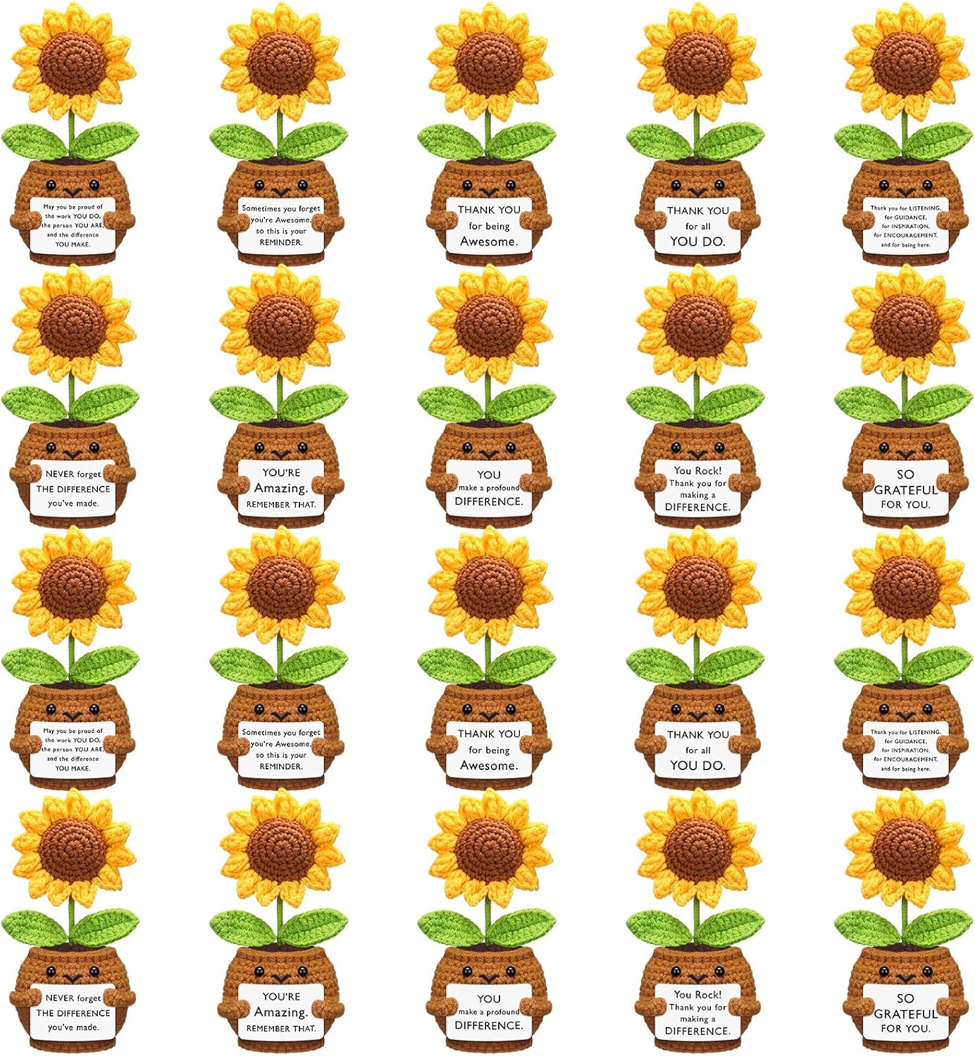 20 Pcs Crochet Sunflower Employee Appreciation Gift Bulk Handmade Crochet Flowers with Positive Card Teacher Appreciation Birthday Gifts for Women Men Coworker Staff Teacher Friends Boss