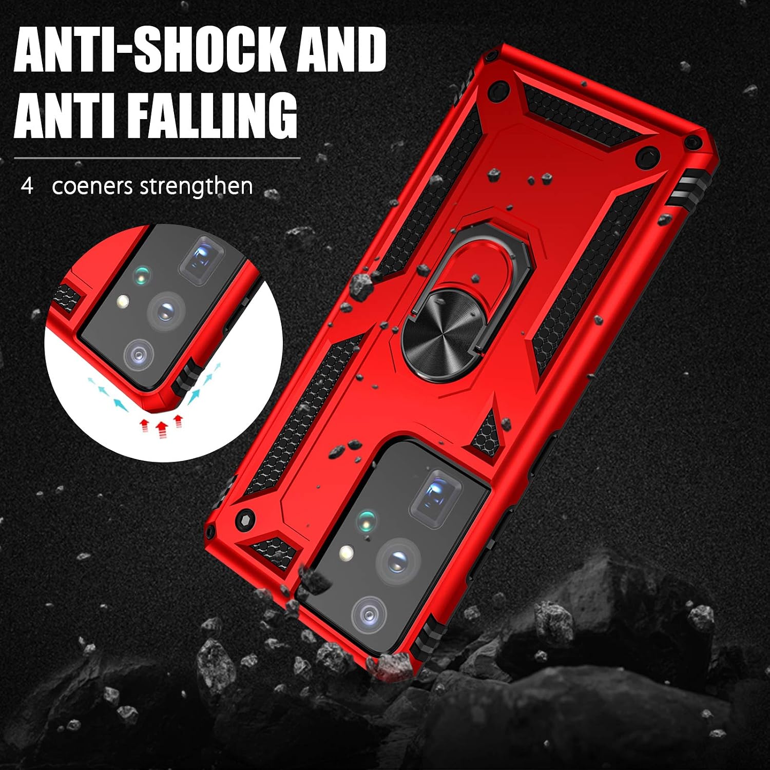 Charlam for Galaxy S21 Ultra Case 6.8 Inch Heavy Duty Shock Absorption Anti-Scratch Protective Phone Case Cover with Built-in Ring Holder Kickstand for Samsung Galaxy S21 Ultra 6.8 Inch, Red